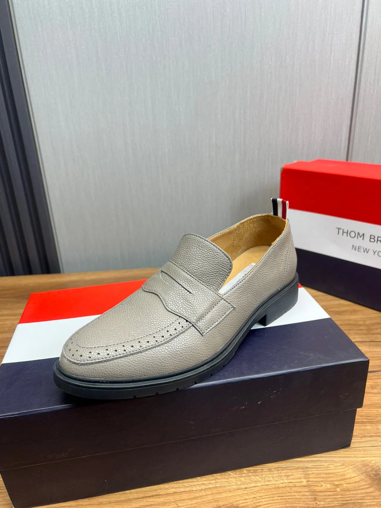 Thom Browne Gray Black Pebbled Leather Penny Strap Loafer