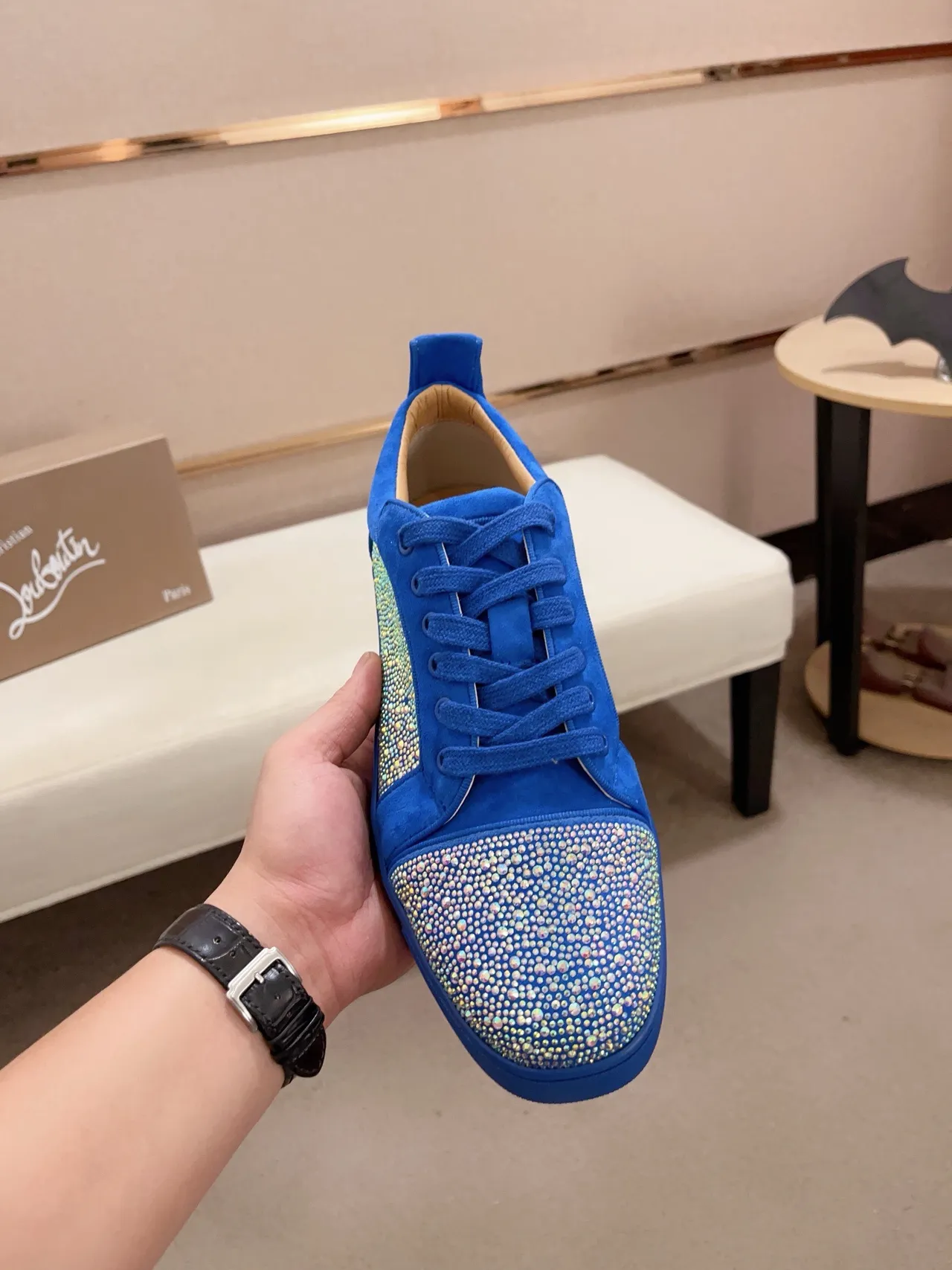 Christian Louboutin Blue Multicolor Crystal-Embellished Suede Upper Lifestyle Sneakers