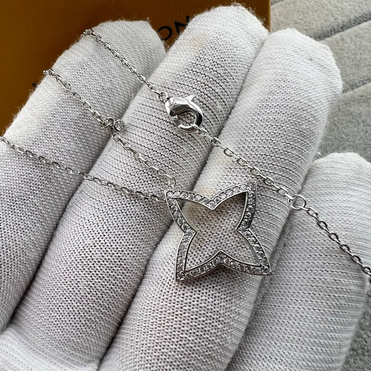 Louis Vuitton Monogram Star Gold Silver Openwork Pendant Pavé-Set Stones Necklace
