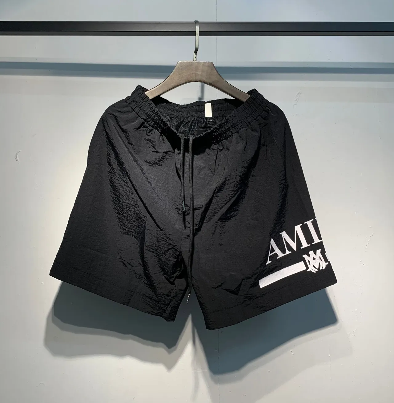 AMI Paris Black Green Lightweight Synthetic Fabric Side Logo Print Shorts