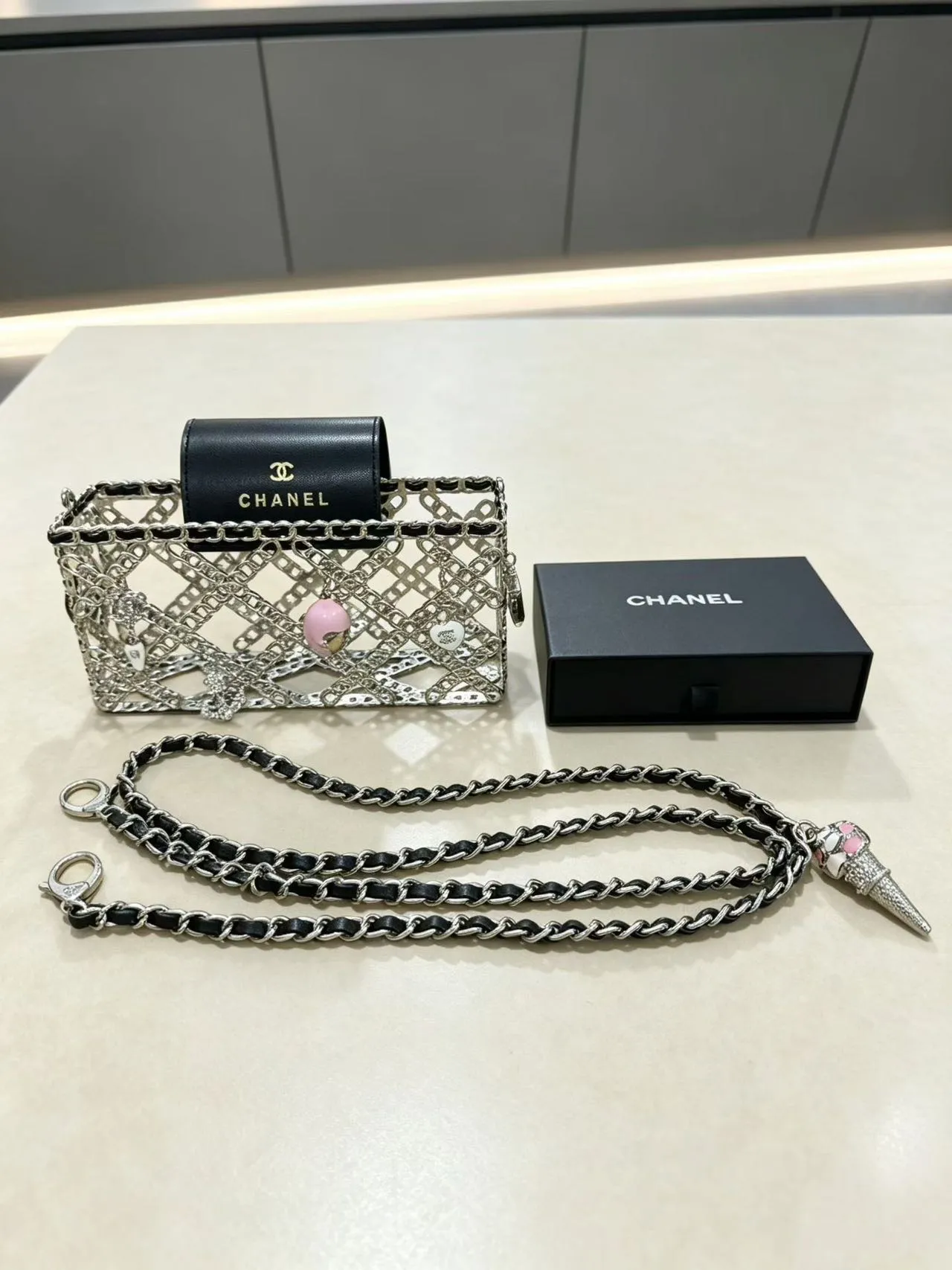 Chanel Chain Cage Black Pink Construction Leather Flap Chain Bag
