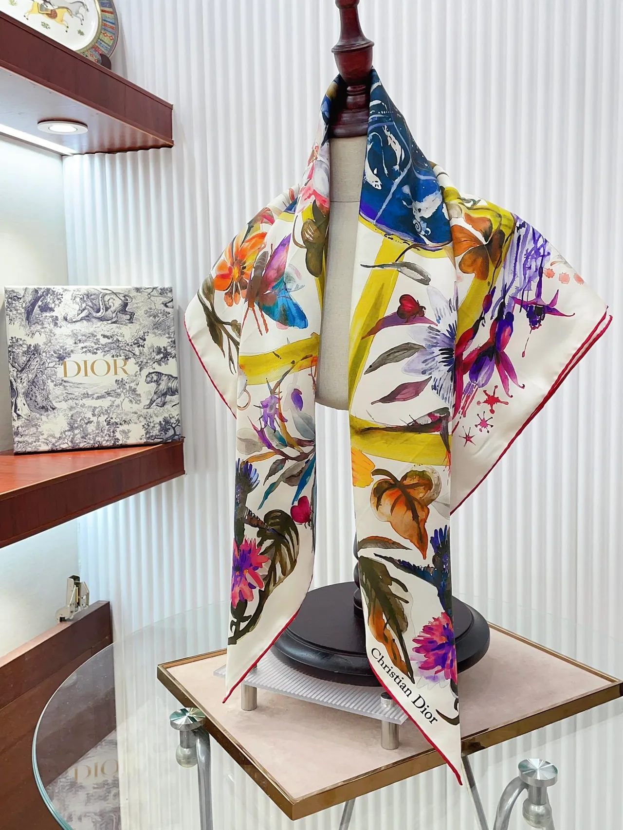 Dior Floral Watercolor Print Silk Scarf