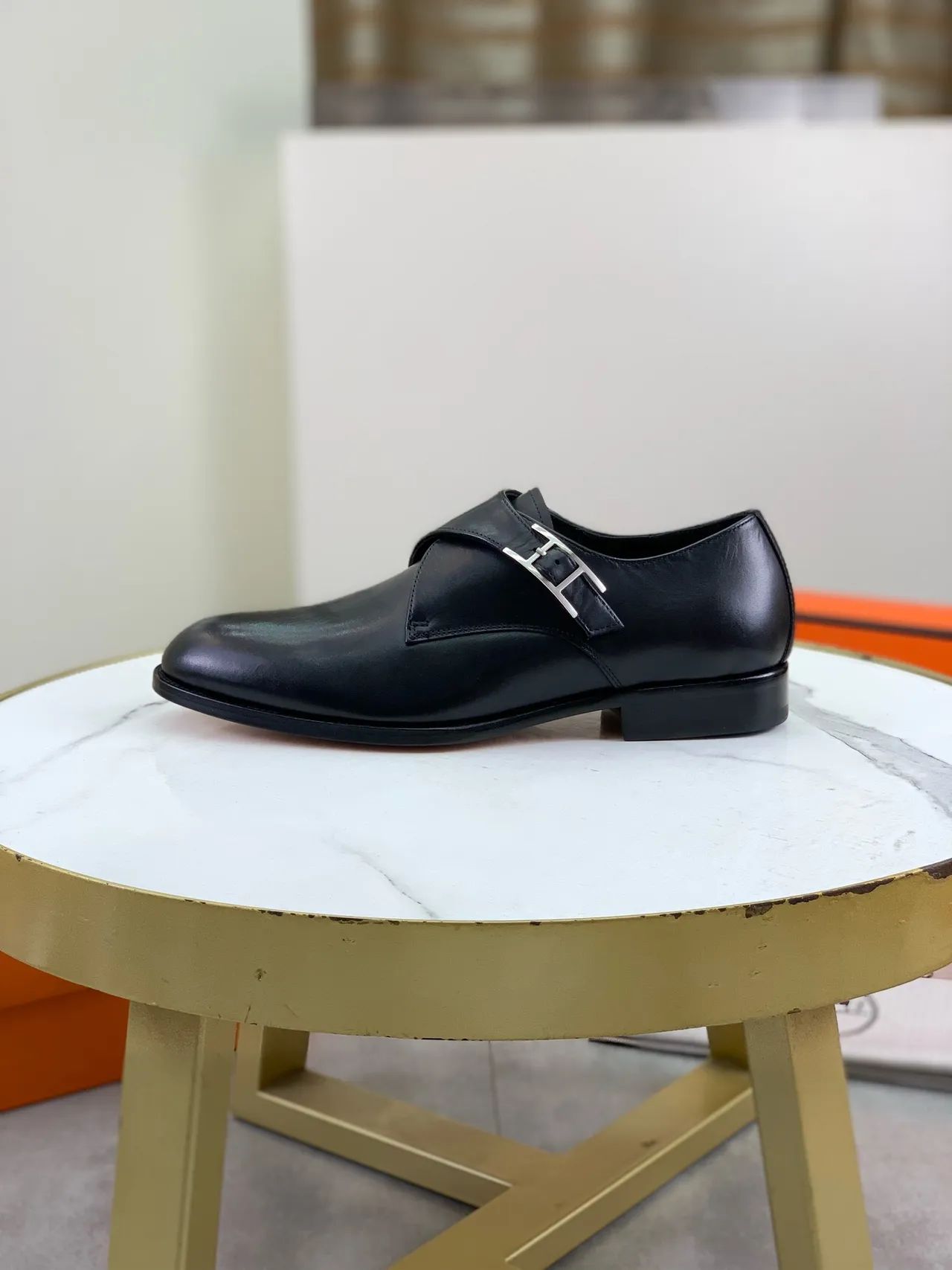 Hermès H Monk Black Polished Leather Monk Shoes