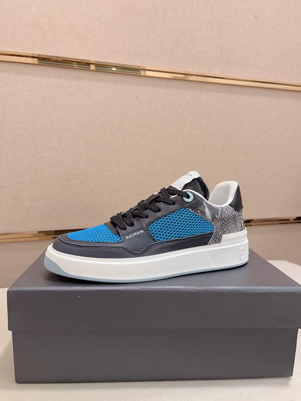 Balmain B-Court Blue Mesh and Black Leather Lifestyle Sneakers