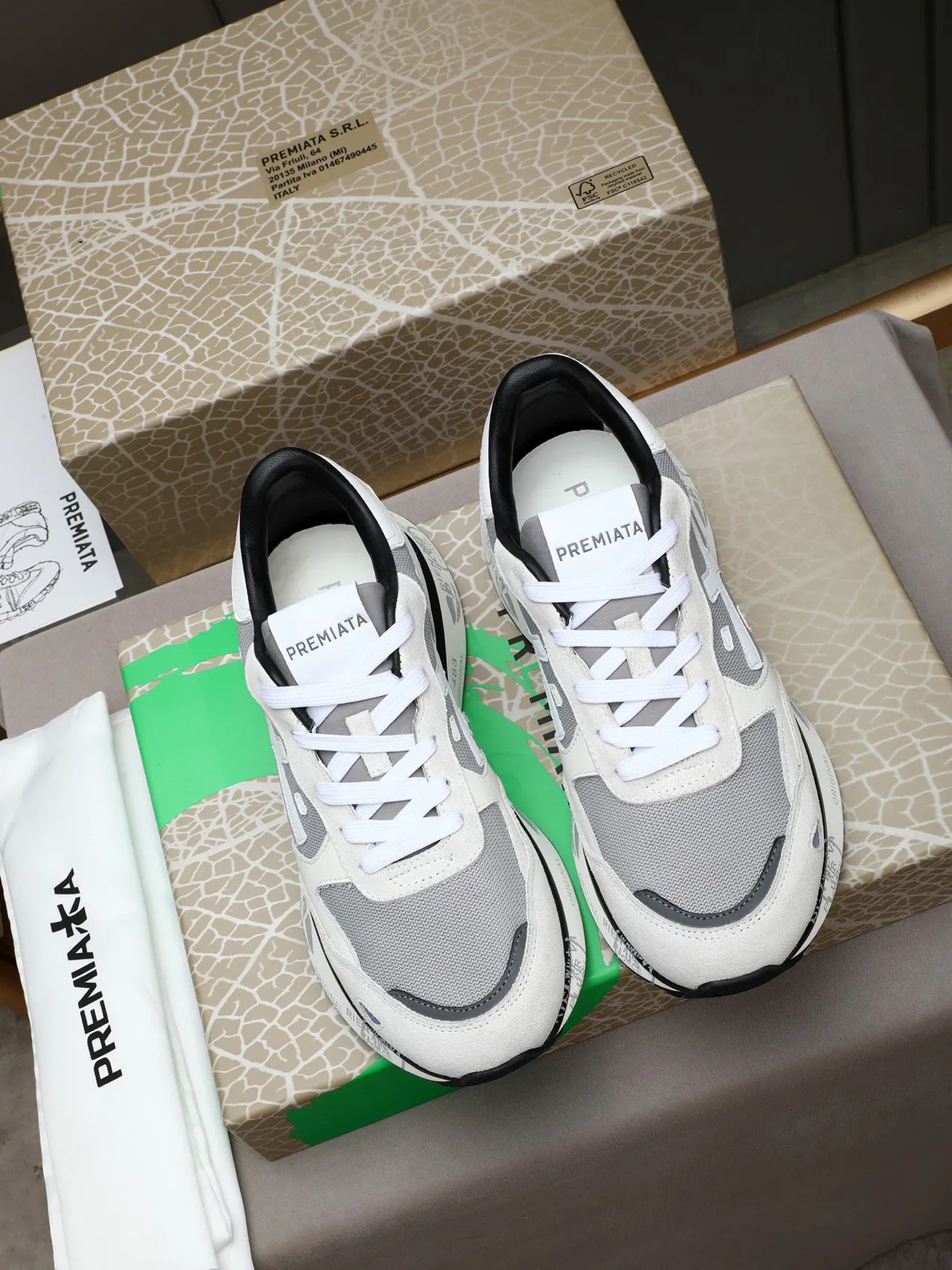 Premiata White Gray Mixed-Material Upper Leopard-Print Heel Accent Sneakers