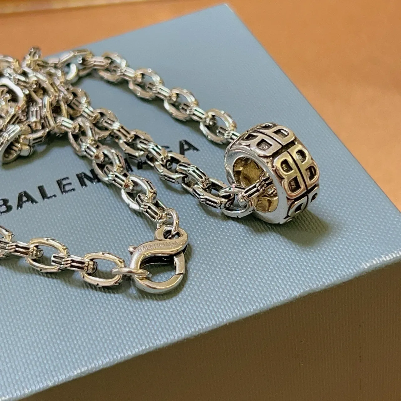 Balenciaga BB Motif Pendant Silver Chain Necklace