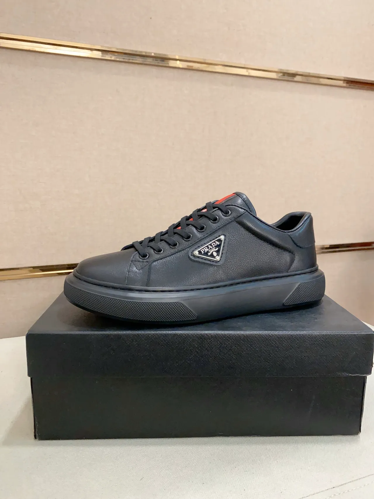 Prada Black Red Leather Upper Triangular Metal Logo Plaque Lifestyle Sneakers