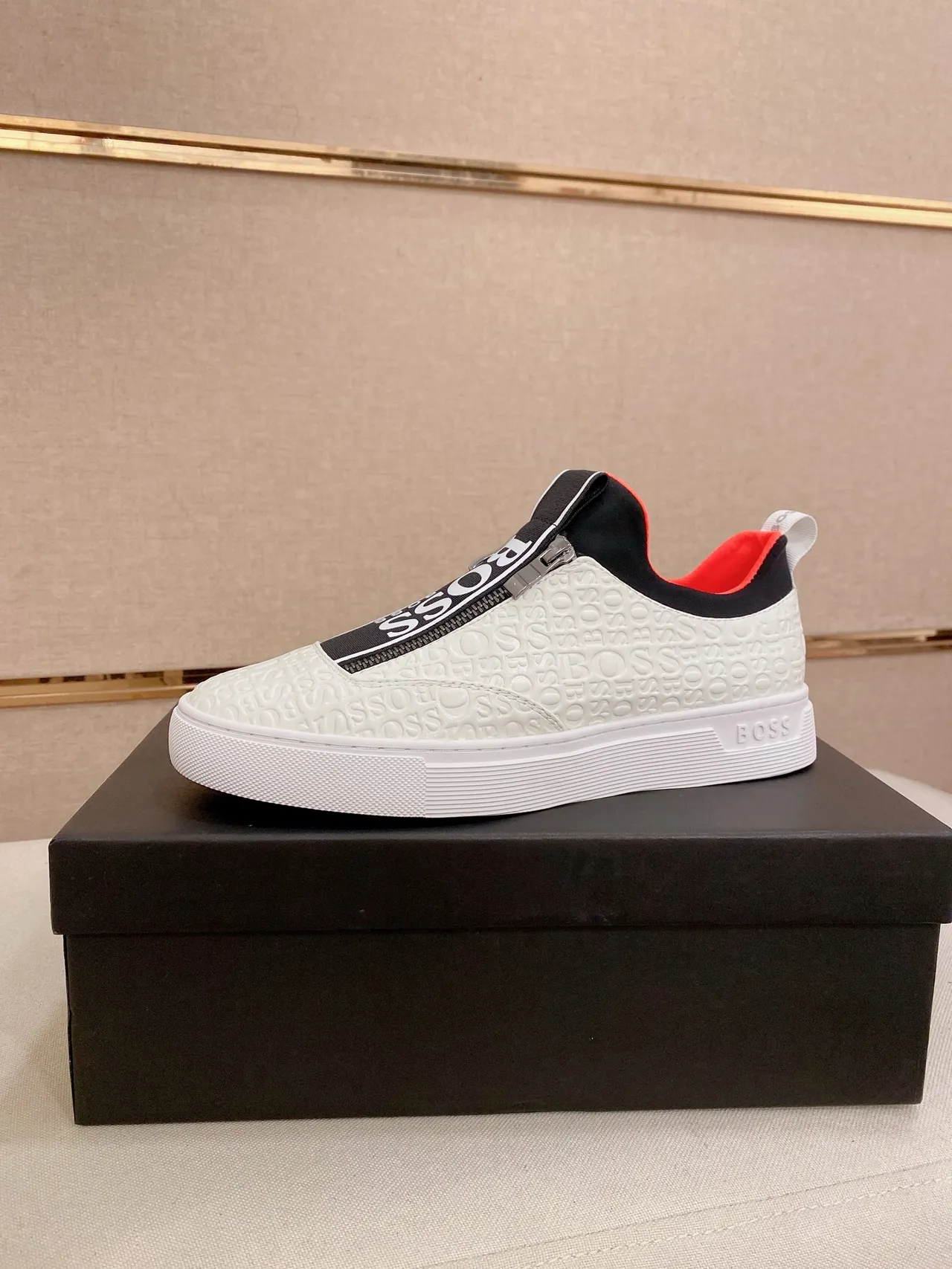 Hugo Boss White Black Embossed Logo Upper Zipper-Closure Slip-On Sneakers
