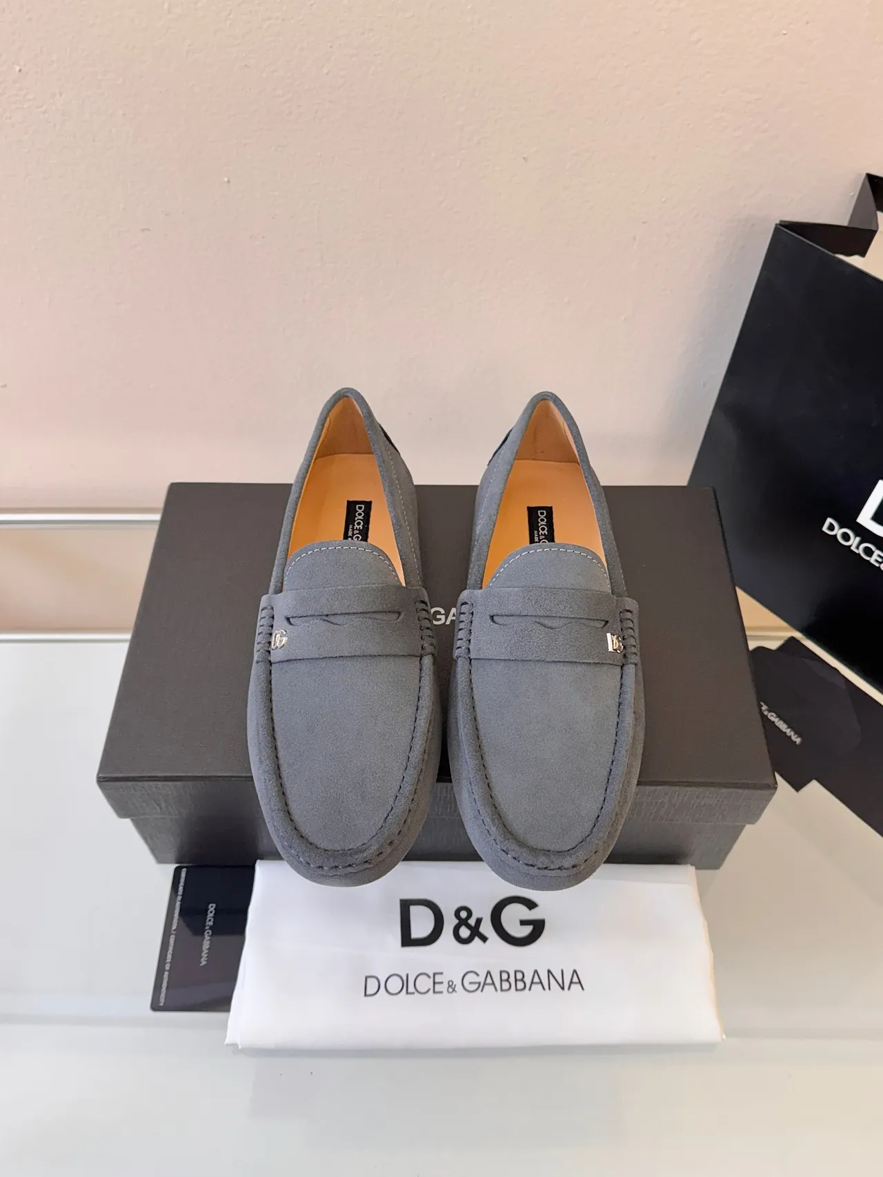 Dolce & Gabbana Penny Loafer Gray Beige Suede Upper Strap Loafer