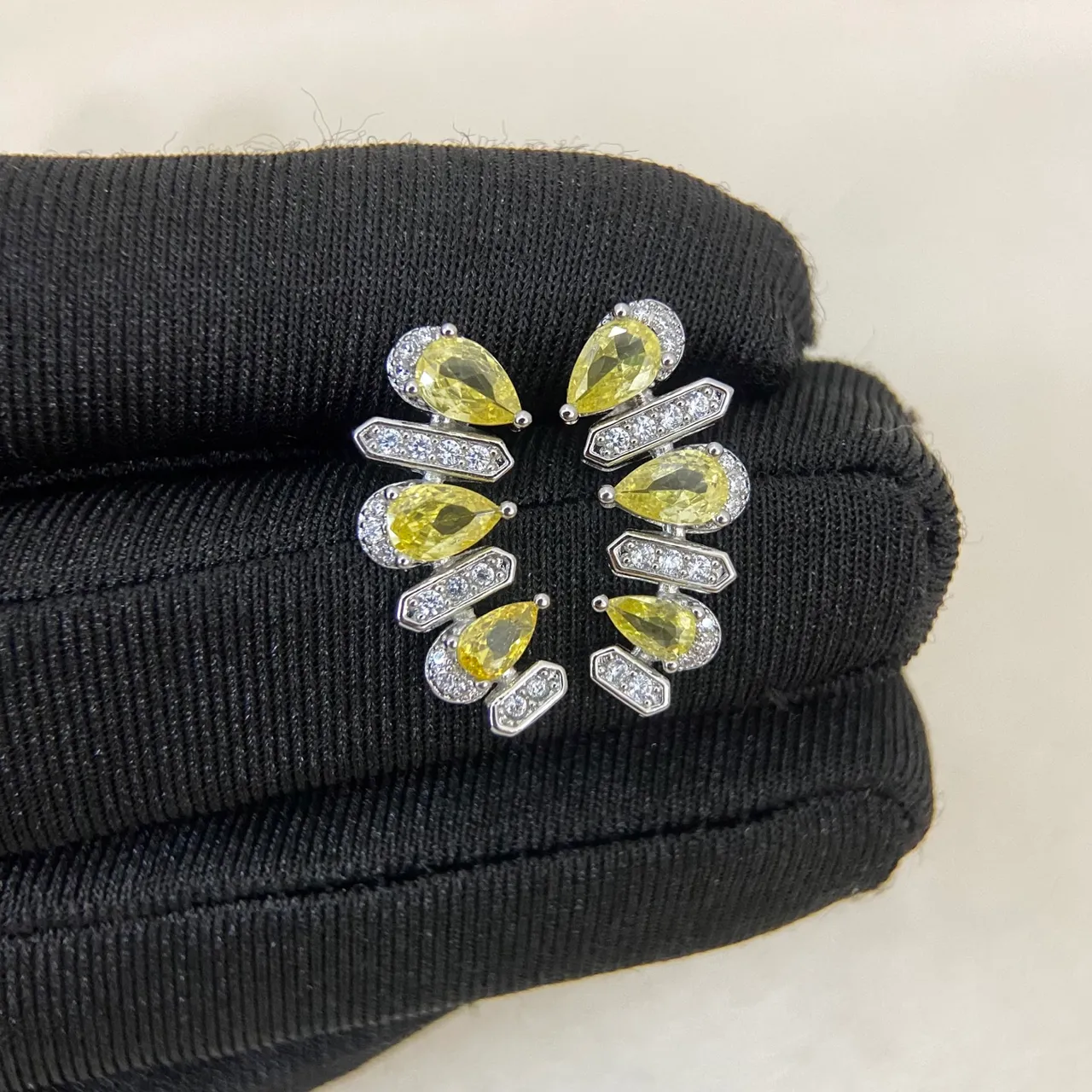 Gold Silver Multi-Tiered Pear-Cut Stone Earrings
