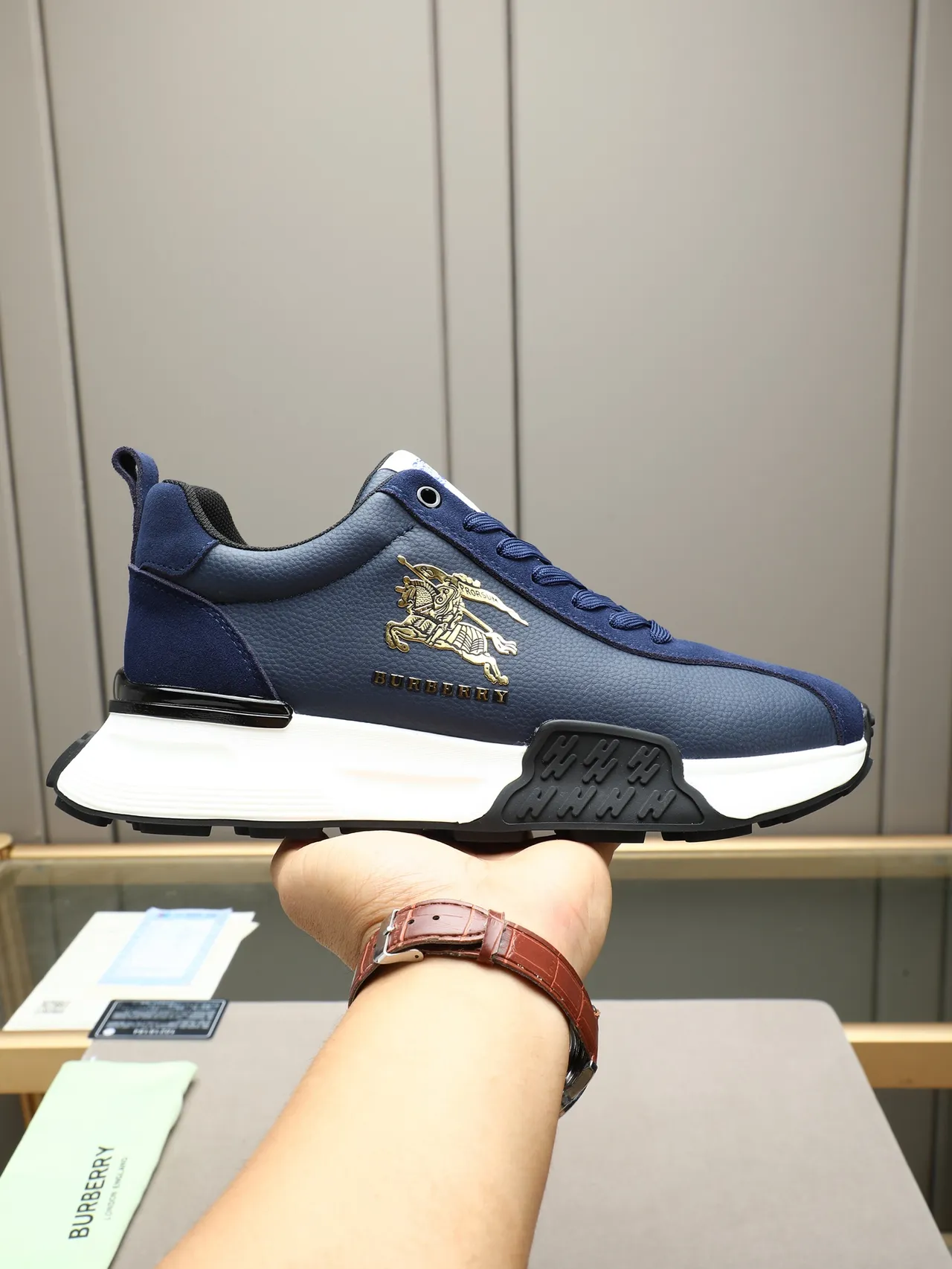 Burberry Knight Navy Leather Chunky Sneakers