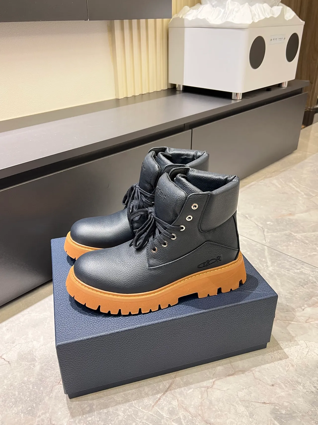 Dior Black Beige Pebbled Leather Tan Lug Sole Ankle Boots