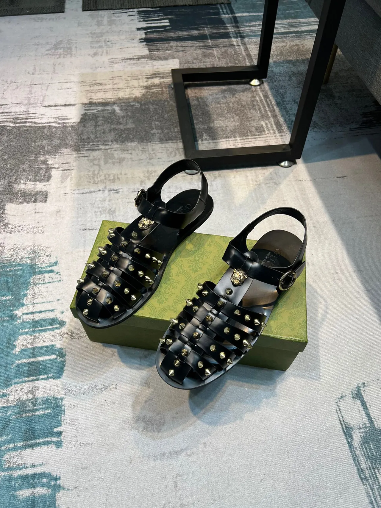 Gucci Dionysus Gladiator Black Gold Multi-Strap Studded Gladiator Sandals