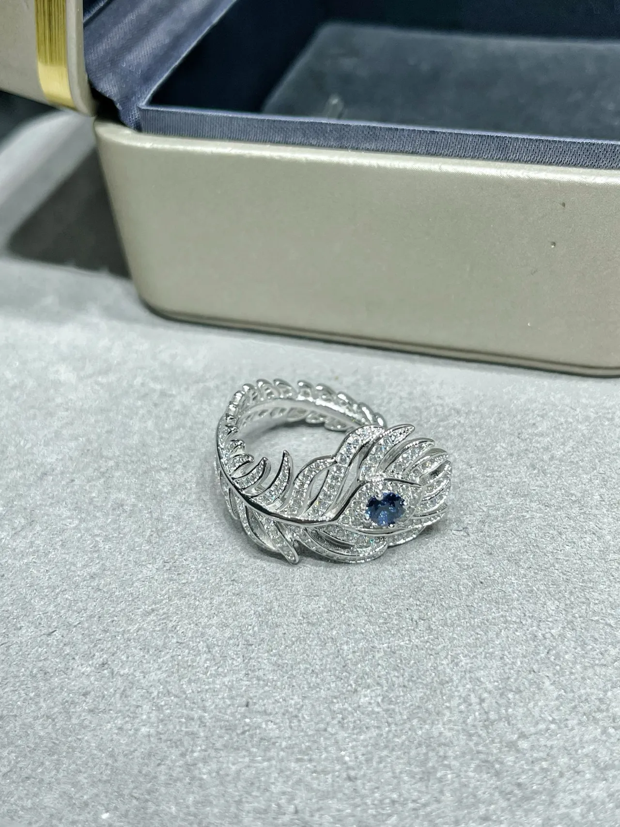 Silver Blue Feather Motif Pavé-Set Earrings