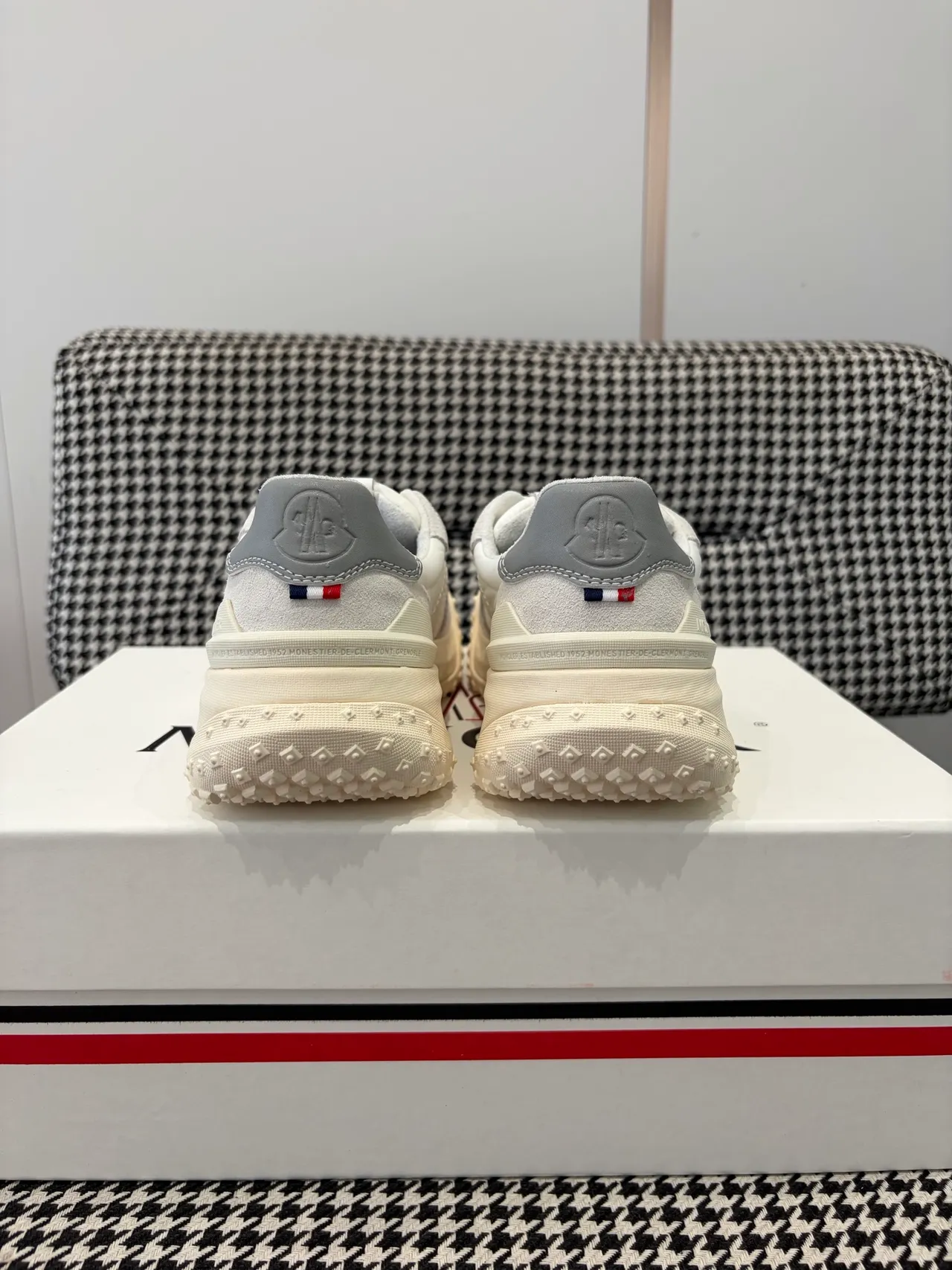 Moncler Beige Gray Off-White Monochrome Quilted Paneling Sneakers