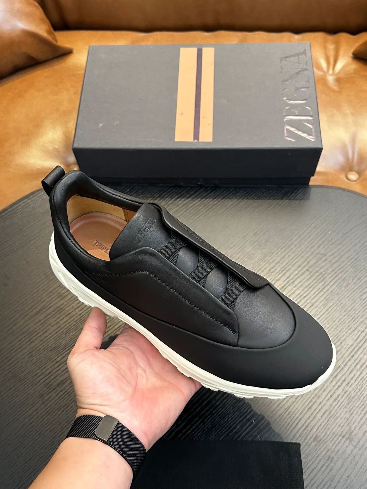 Zegna Black Leather Slip-On Lifestyle Sneaker