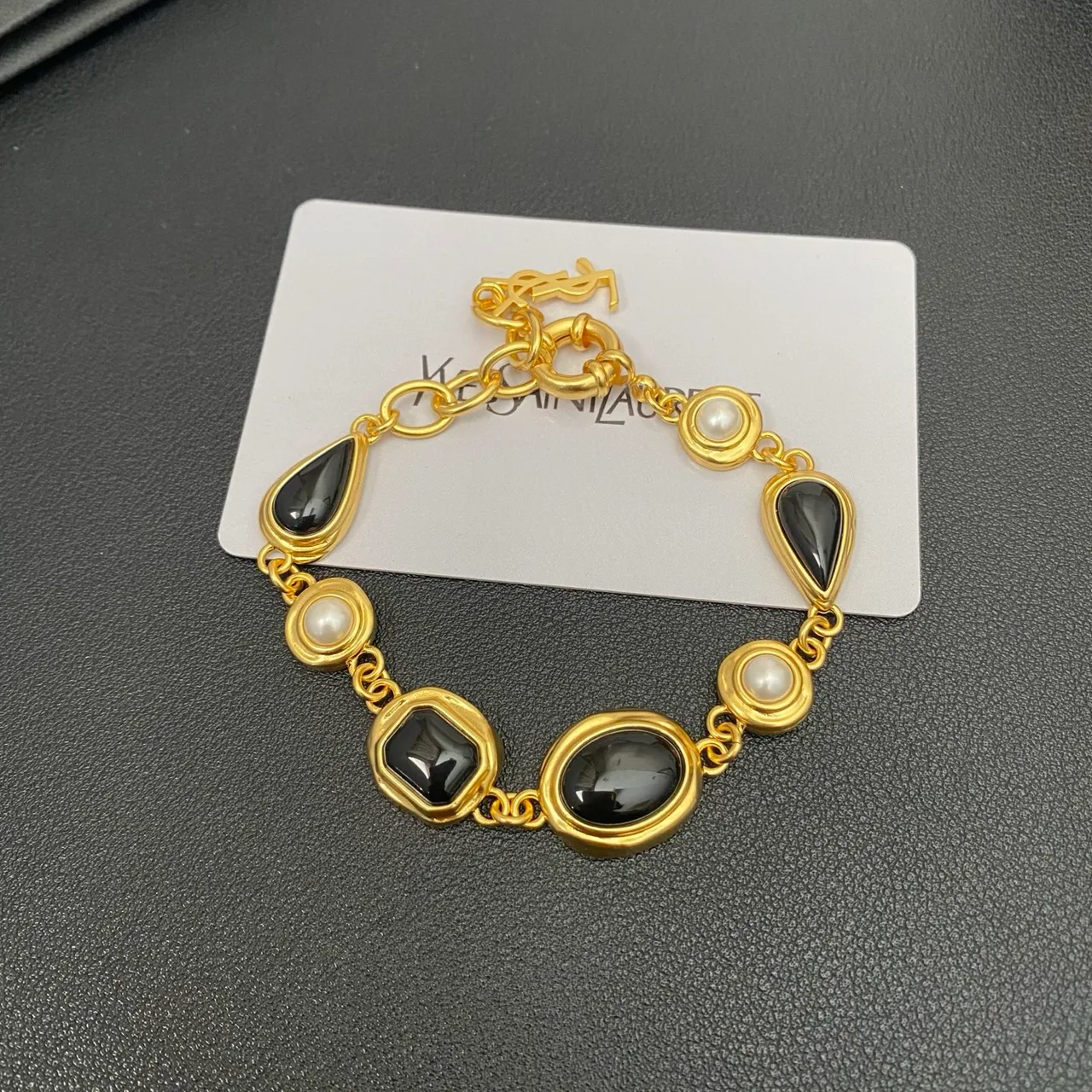 Saint Laurent Gold-Tone Black Stone and Pearl Link Bracelet