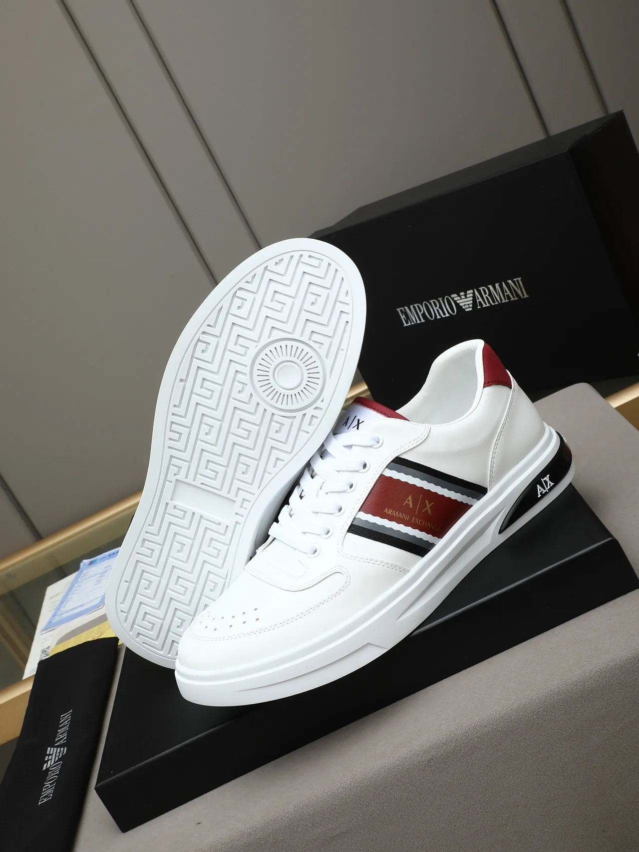 Armani Exchange White Burgundy Leather Upper Black Striped Side Panel Sneakers
