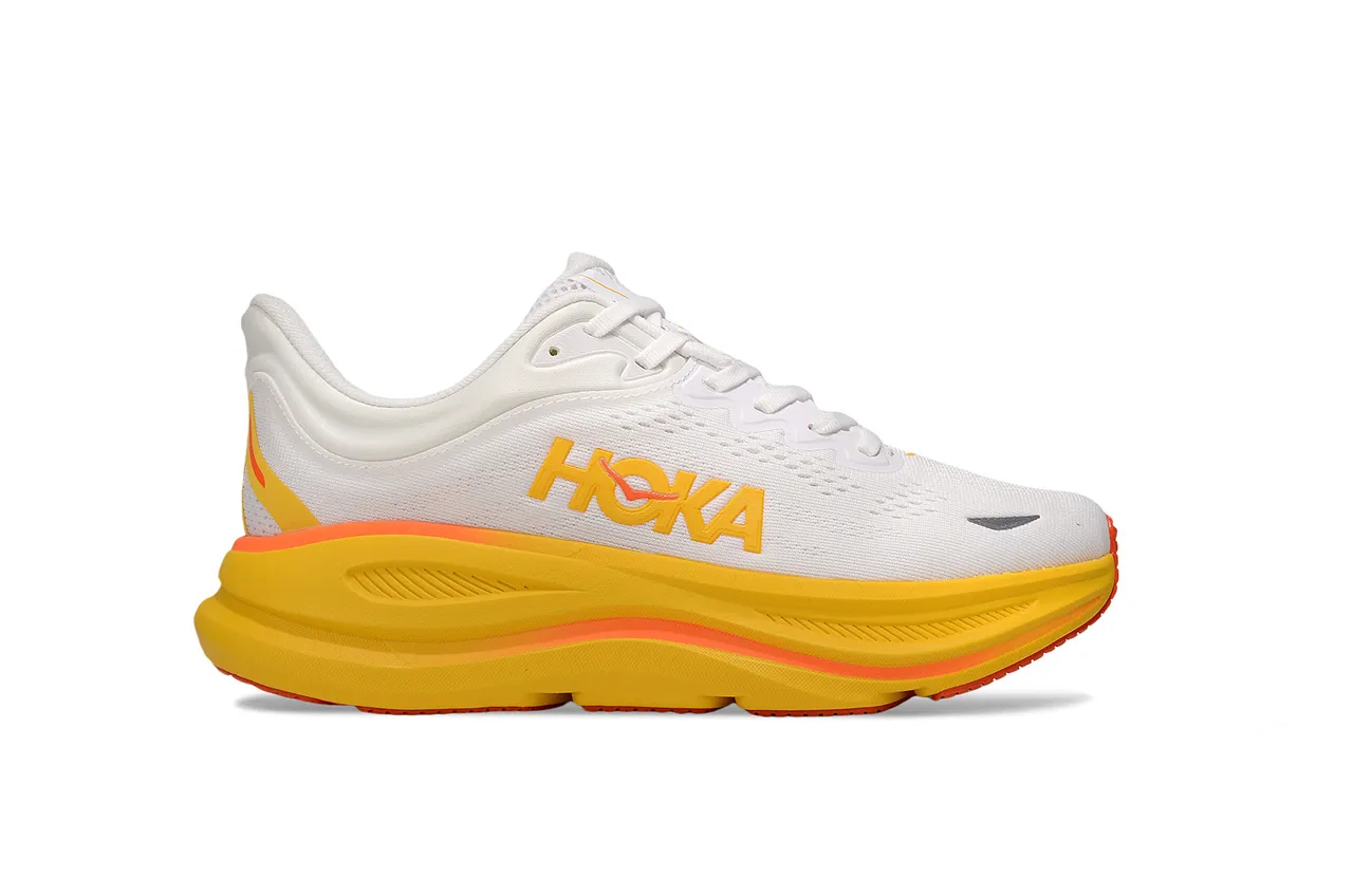 Hoka White Yellow Engineered Knit Upper Thick Cushioned Midsole Running Shoes