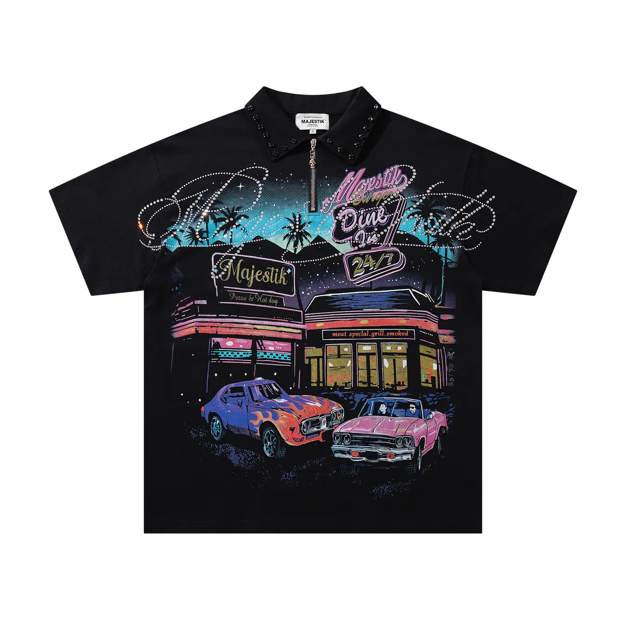 Majestik Graphic-Print Studded Collar Zip Polo Shirt