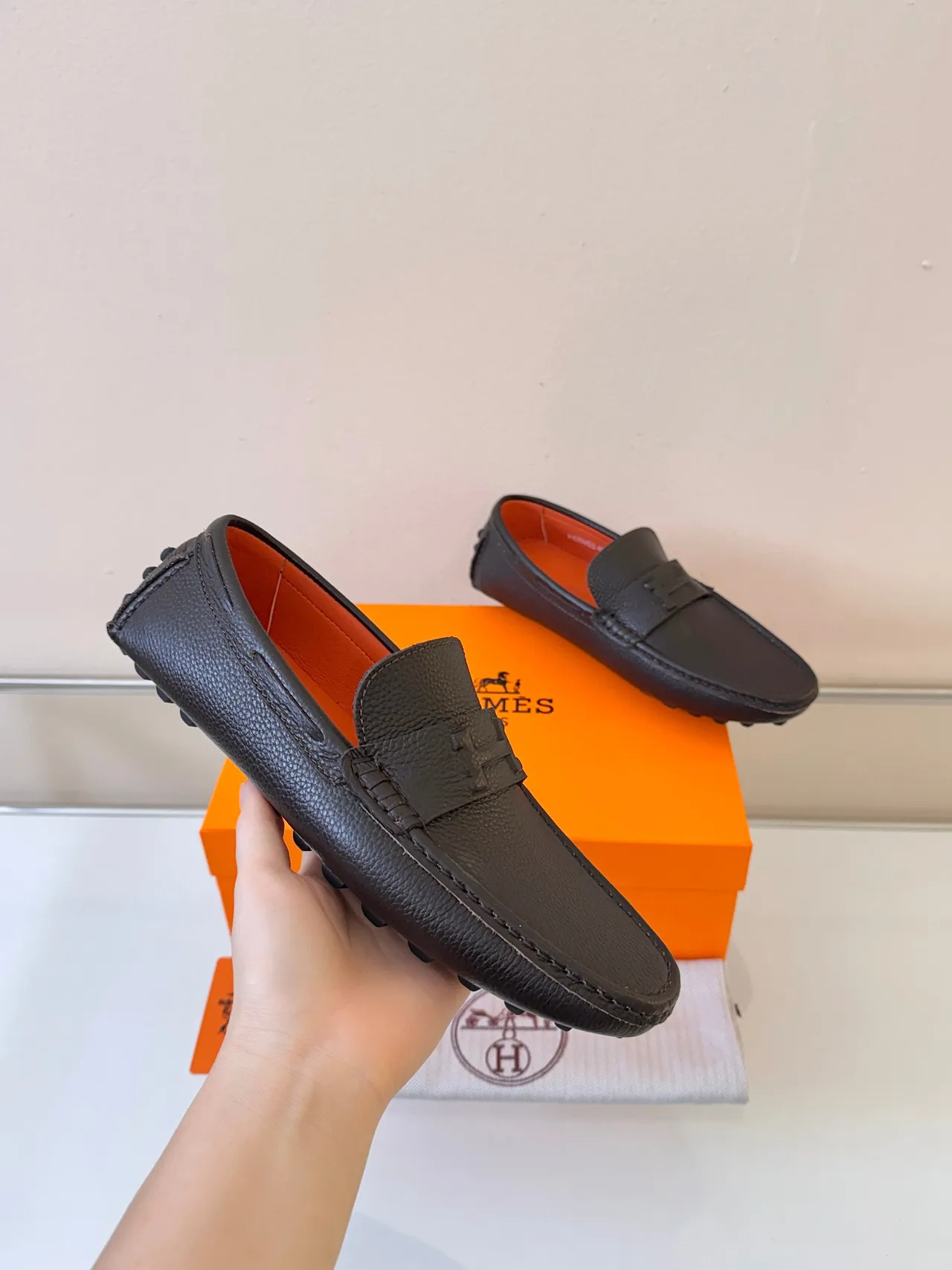 Hermès Oran Brown Orange Pebbled Leather H-Buckle Strap Loafer