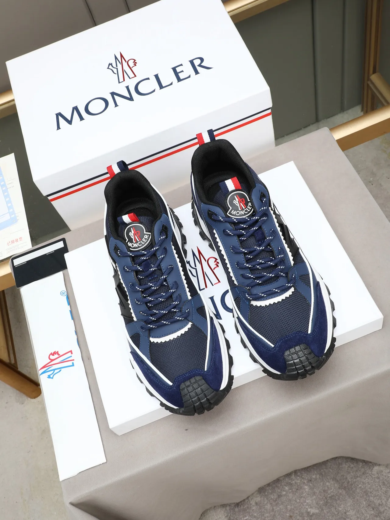 Moncler Navy Black Blue Suede And Mesh Upper White Midsole Stripe Sneakers
