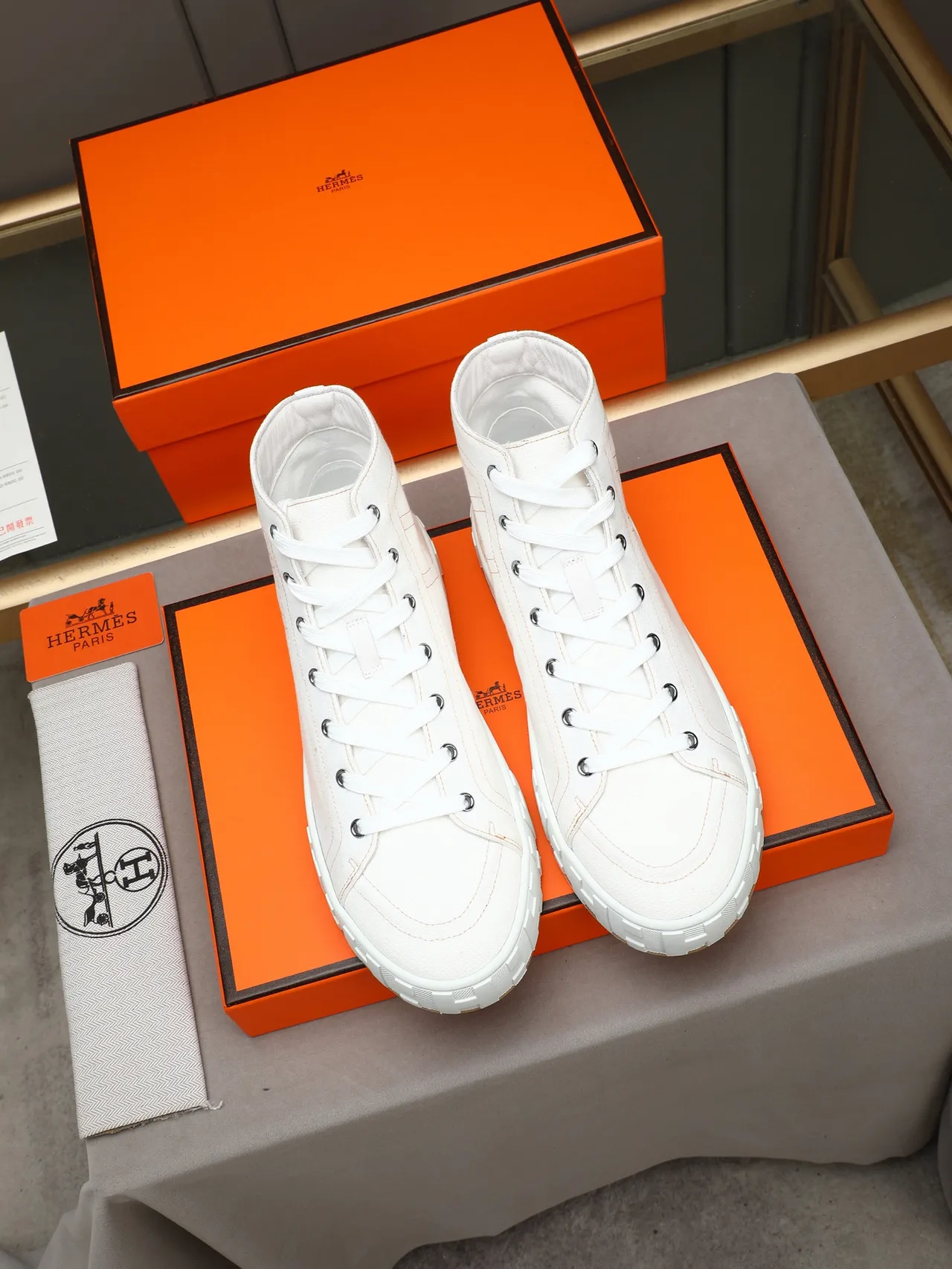 Hermès White Brown High-Top Canvas Upper Sneakers