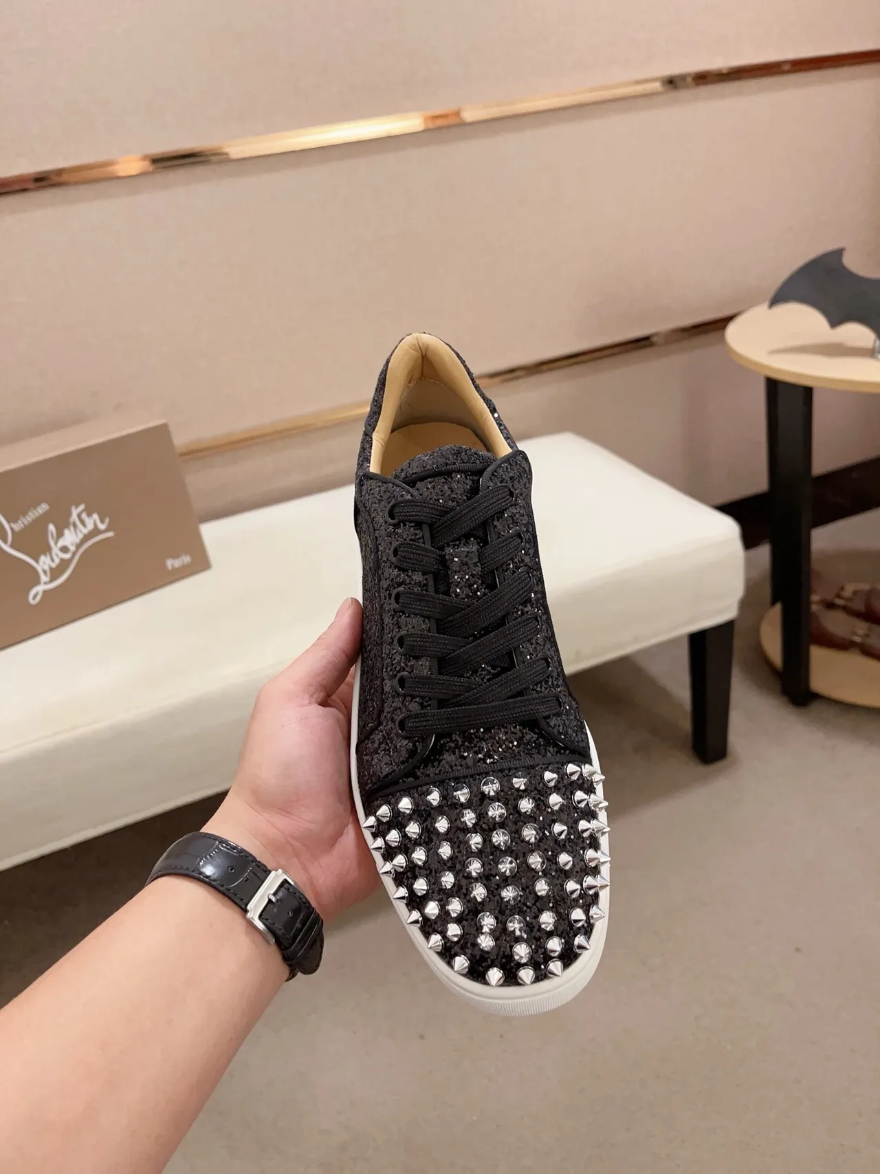 Christian Louboutin Black White Glitter Upper Studded Toe Cap Lifestyle Sneakers