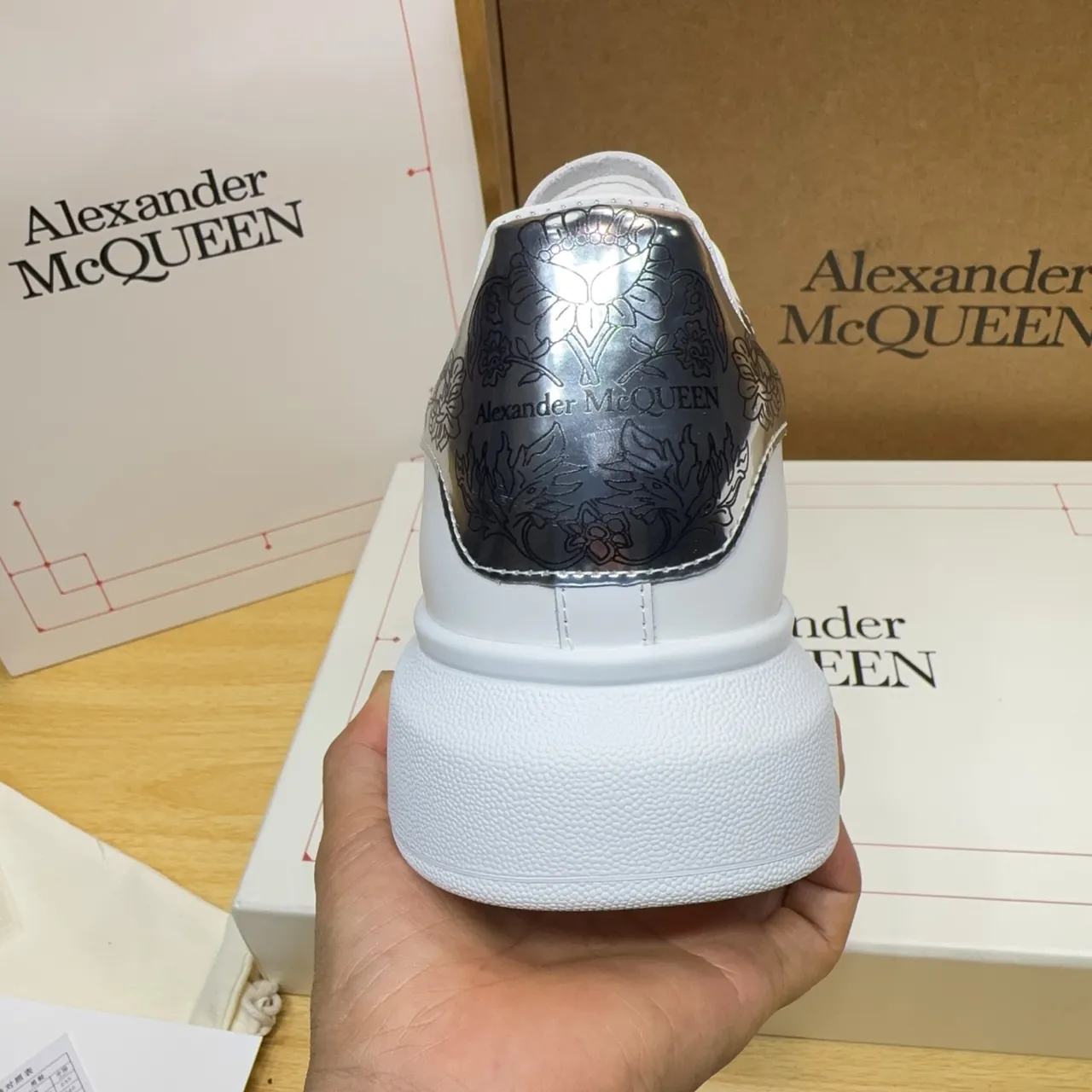 Alexander McQueen Oversized Sneaker White Silver Platform Sole Metallic Heel Counter Lifestyle Sneakers