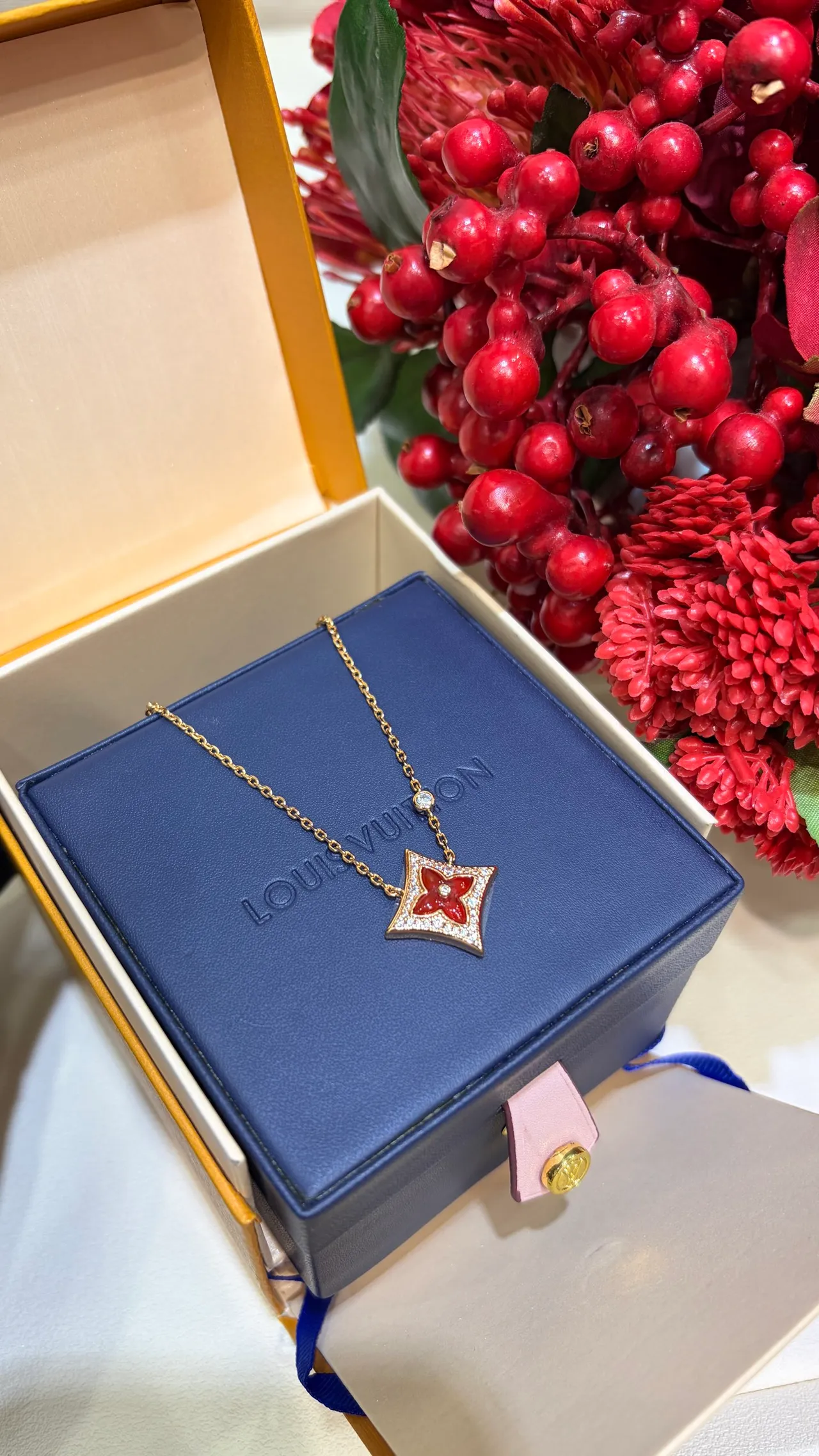 Louis Vuitton Red Enamel Floral Pendant Gold-Tone Necklace