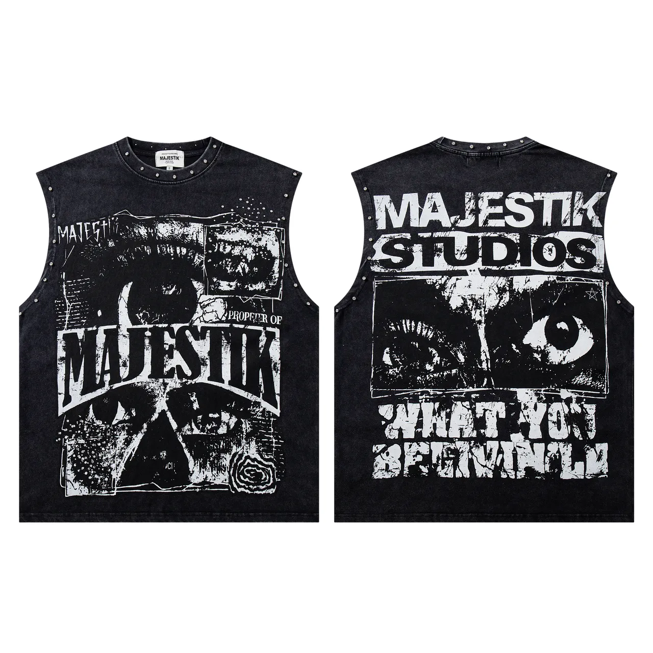 MAJESTIK Studded Screen-Printed Distressed Denim Vest Top