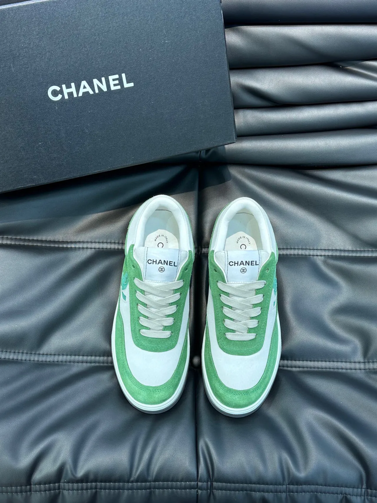 Chanel Lifestyle Sneaker Green White Low-Top Suede-and-Leather Panelled Lifestyle Sneakers