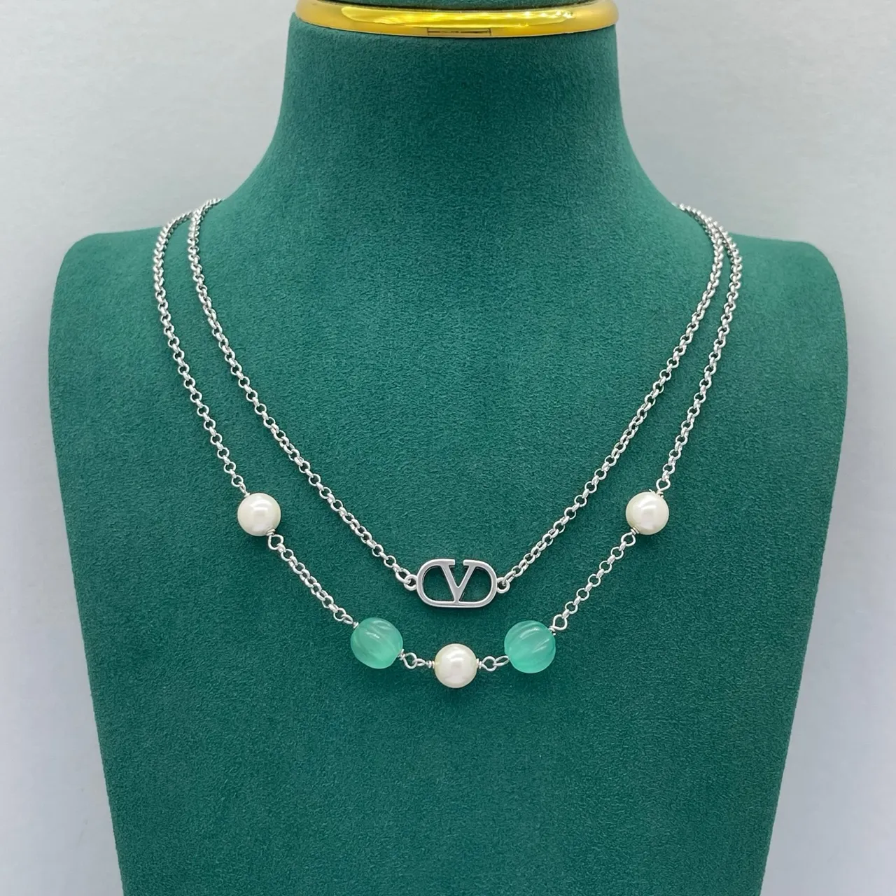 Valentino VLogo Double-Layer Pearl and Chalcedony Necklace