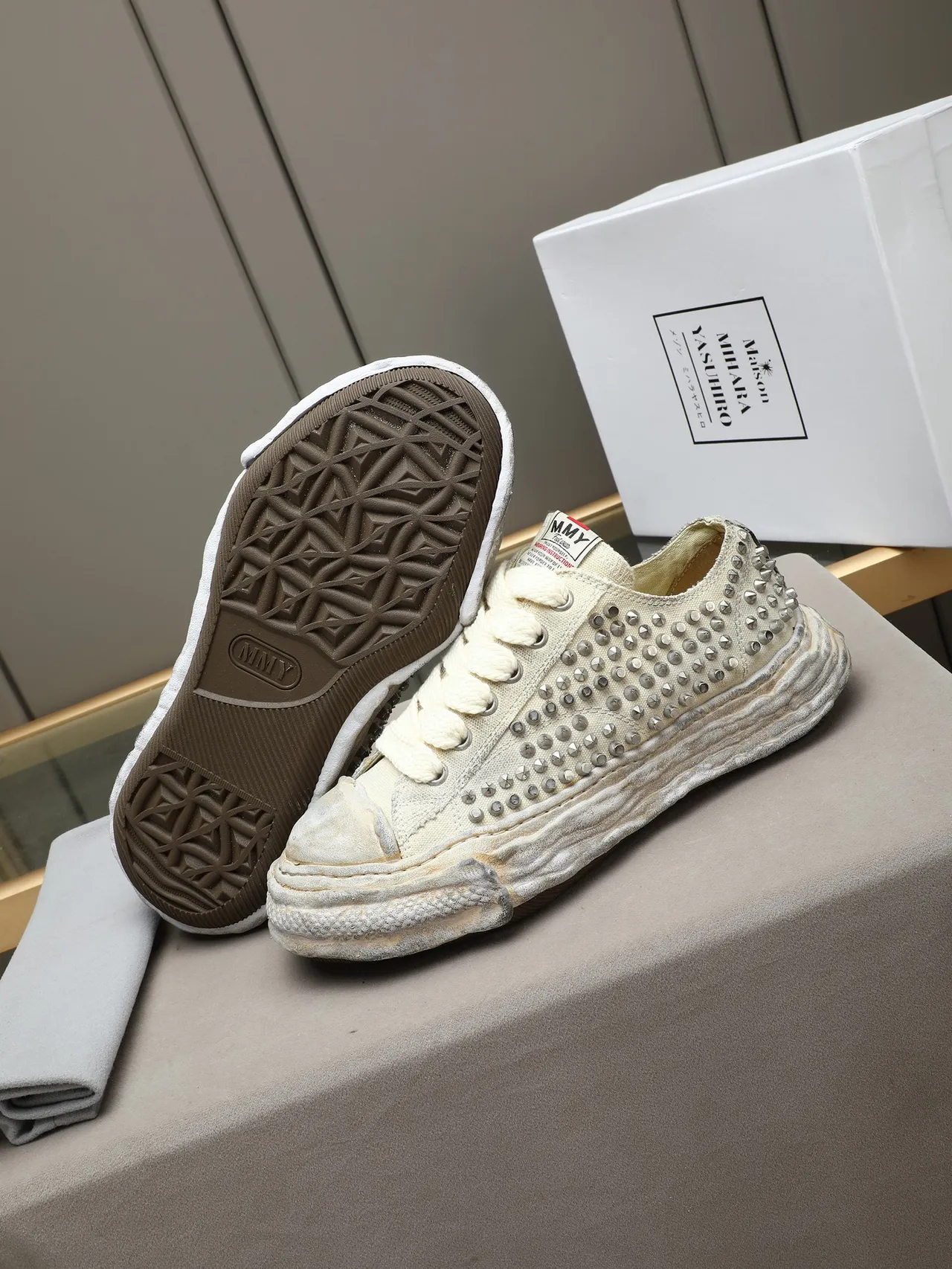 Maison Margiela Beige Silver Studded Canvas Layered Rubber Sole Lifestyle Sneakers