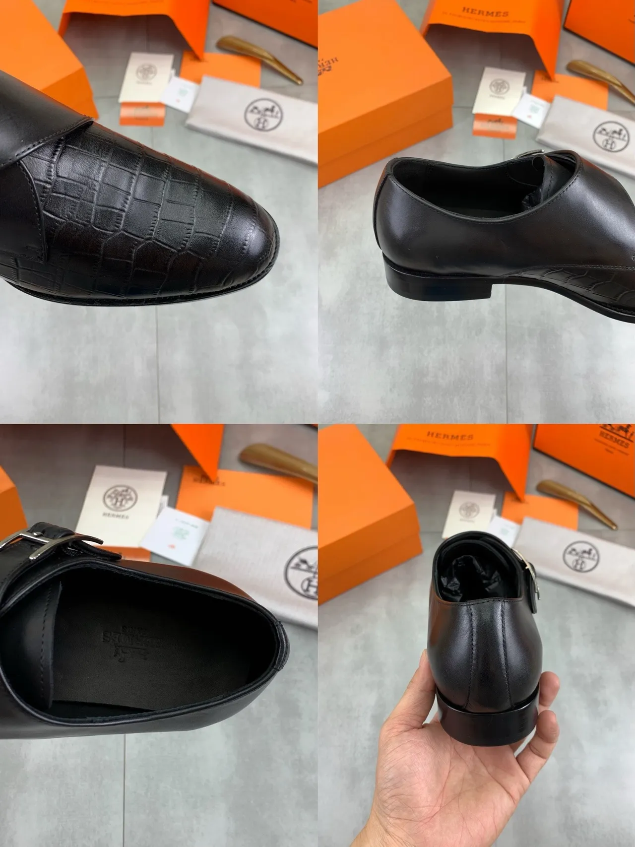Hermès H-Buckle Monk Shoe Black Crocodile-Embossed Leather Men's Monk Shoes