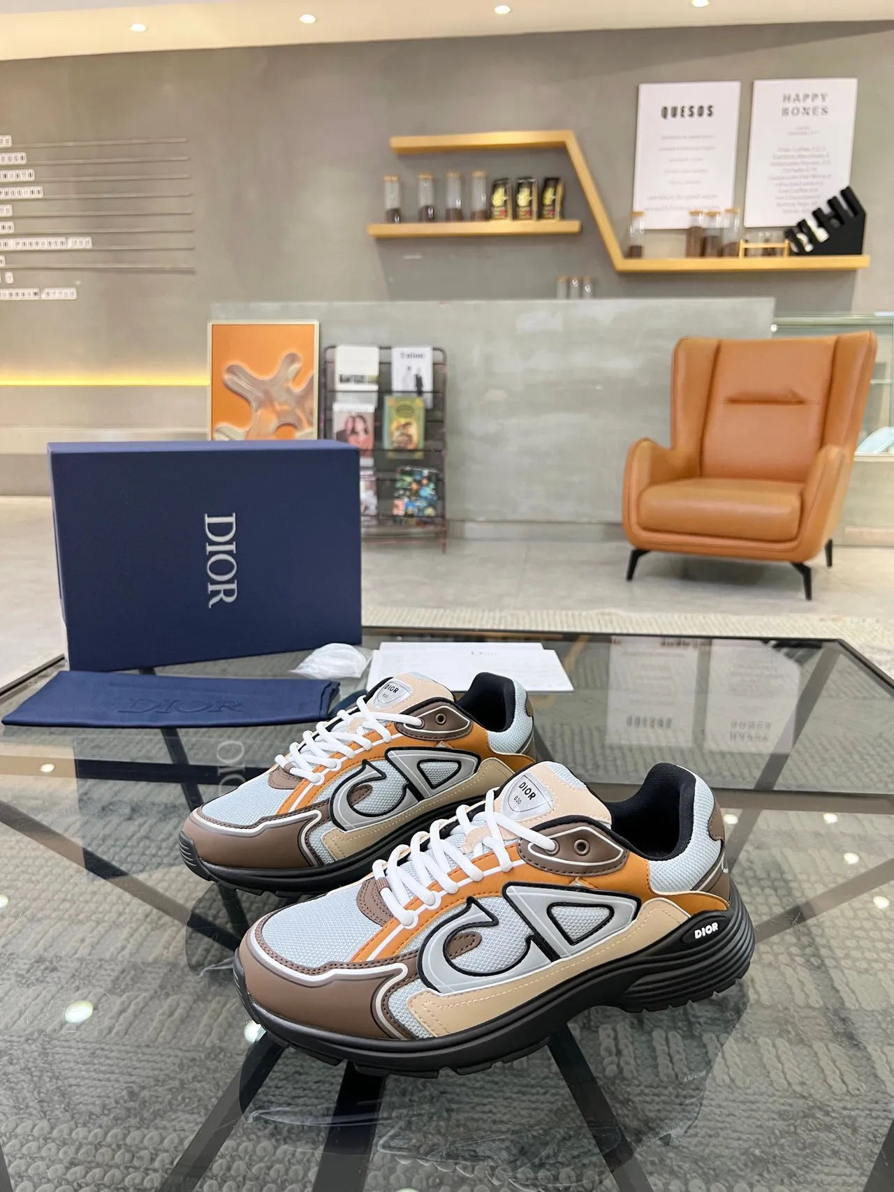 Dior Beige Brown Multi-Panel Mesh And Leather Oversized CD Logo Chunky Sneakers