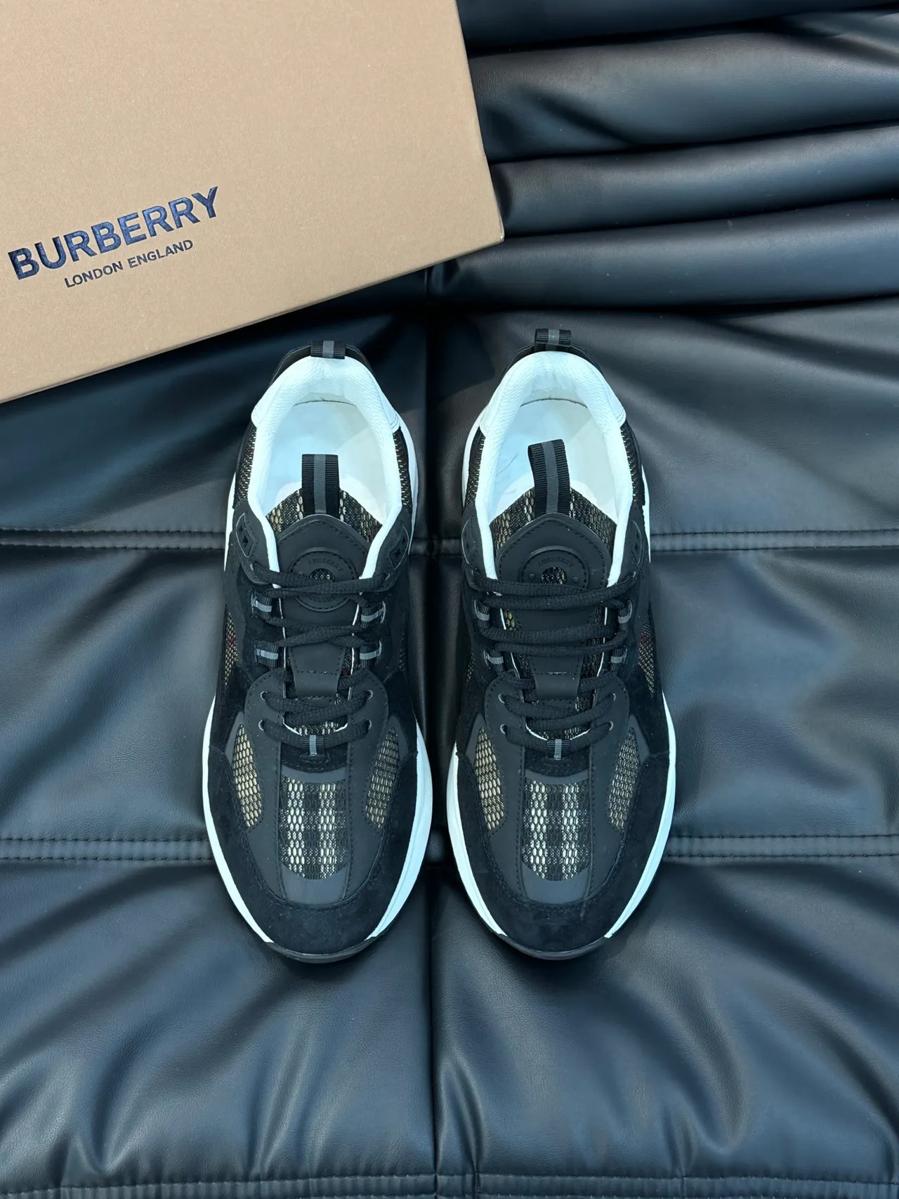 Burberry Lola Black White Layered Suede-Mesh-Plaid Upper Sculpted Midsole Chunky Sneakers