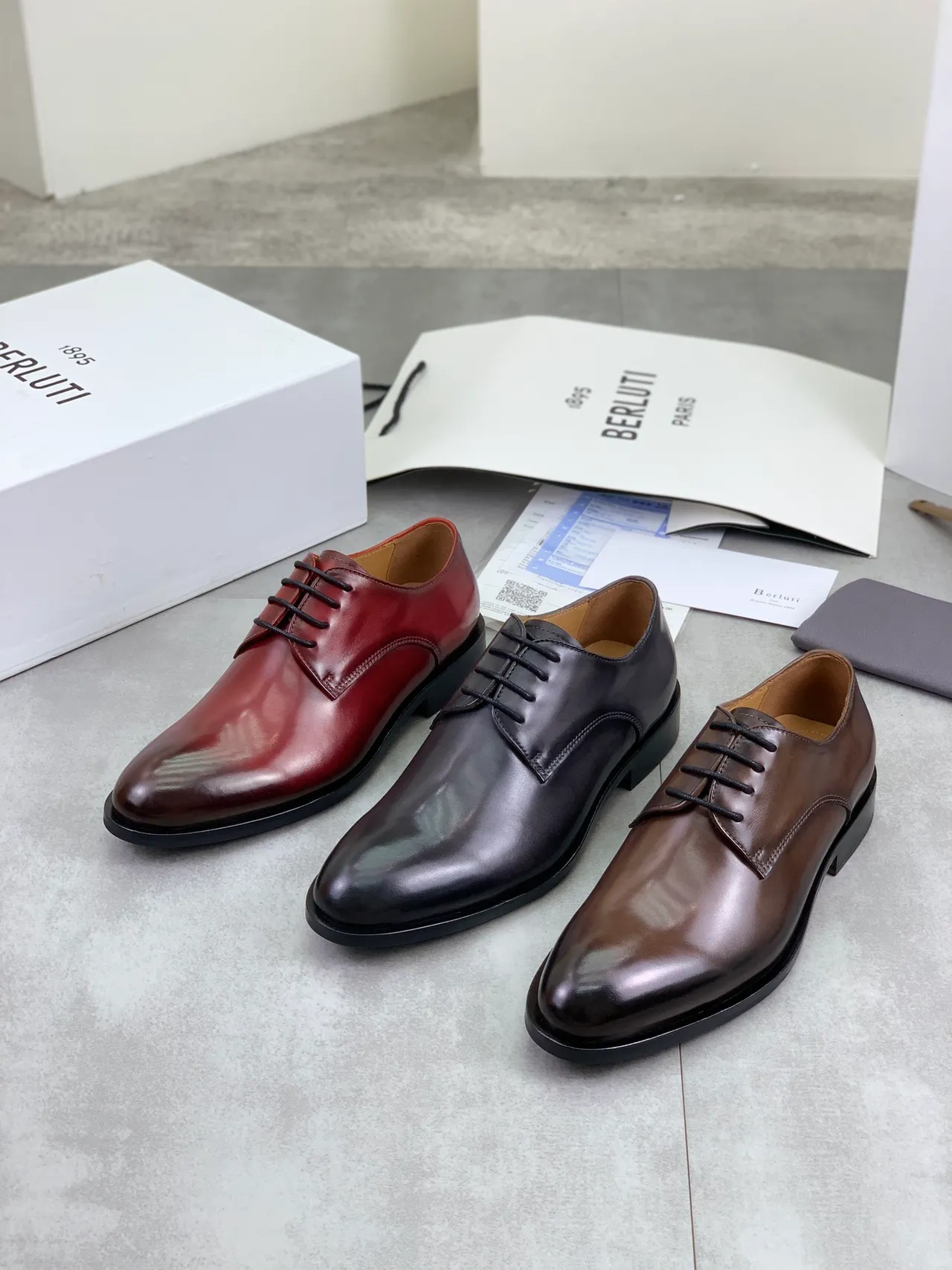 BERLUTI Burgundy Black Polished Leather Cap Toe Oxford Shoes