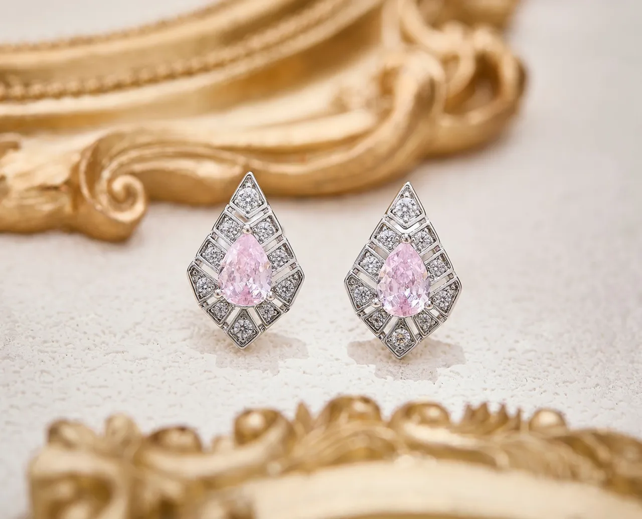 Pear-Shaped Pink Gemstone Geometric Halo Stud Earrings