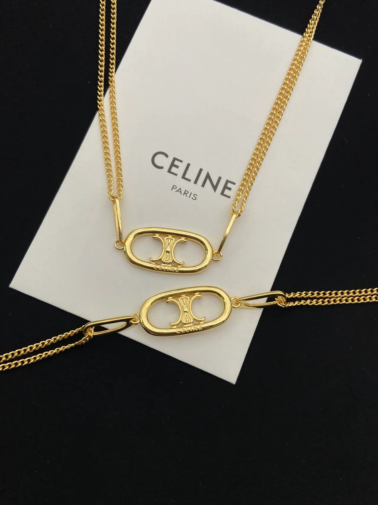 Celine Triomphe Gold White Chain Oval Logo Pendant Necklace