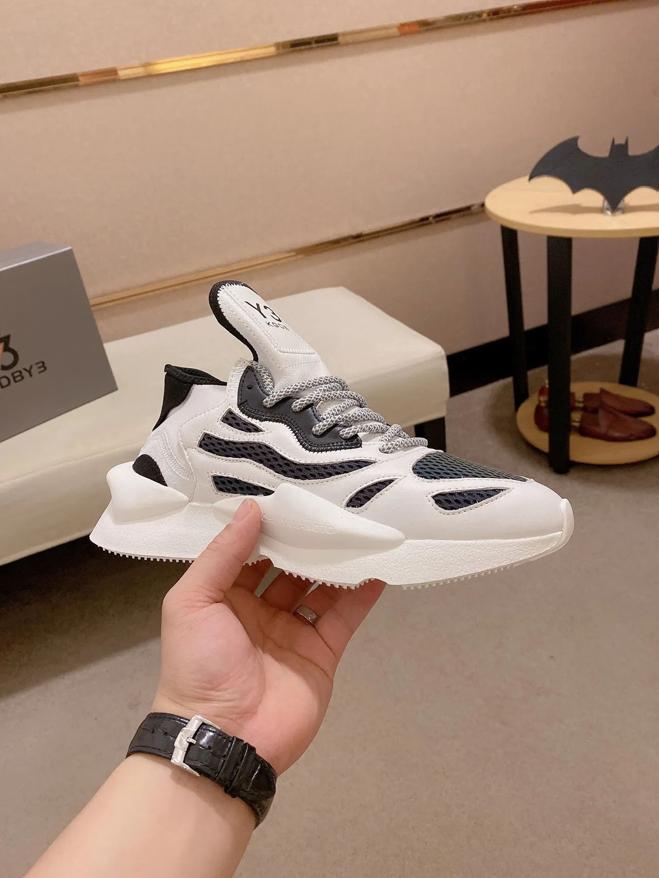 Y-3 Kobo White Black Sculpted Midsole Mesh-and-Leather Overlay Chunky Sneakers
