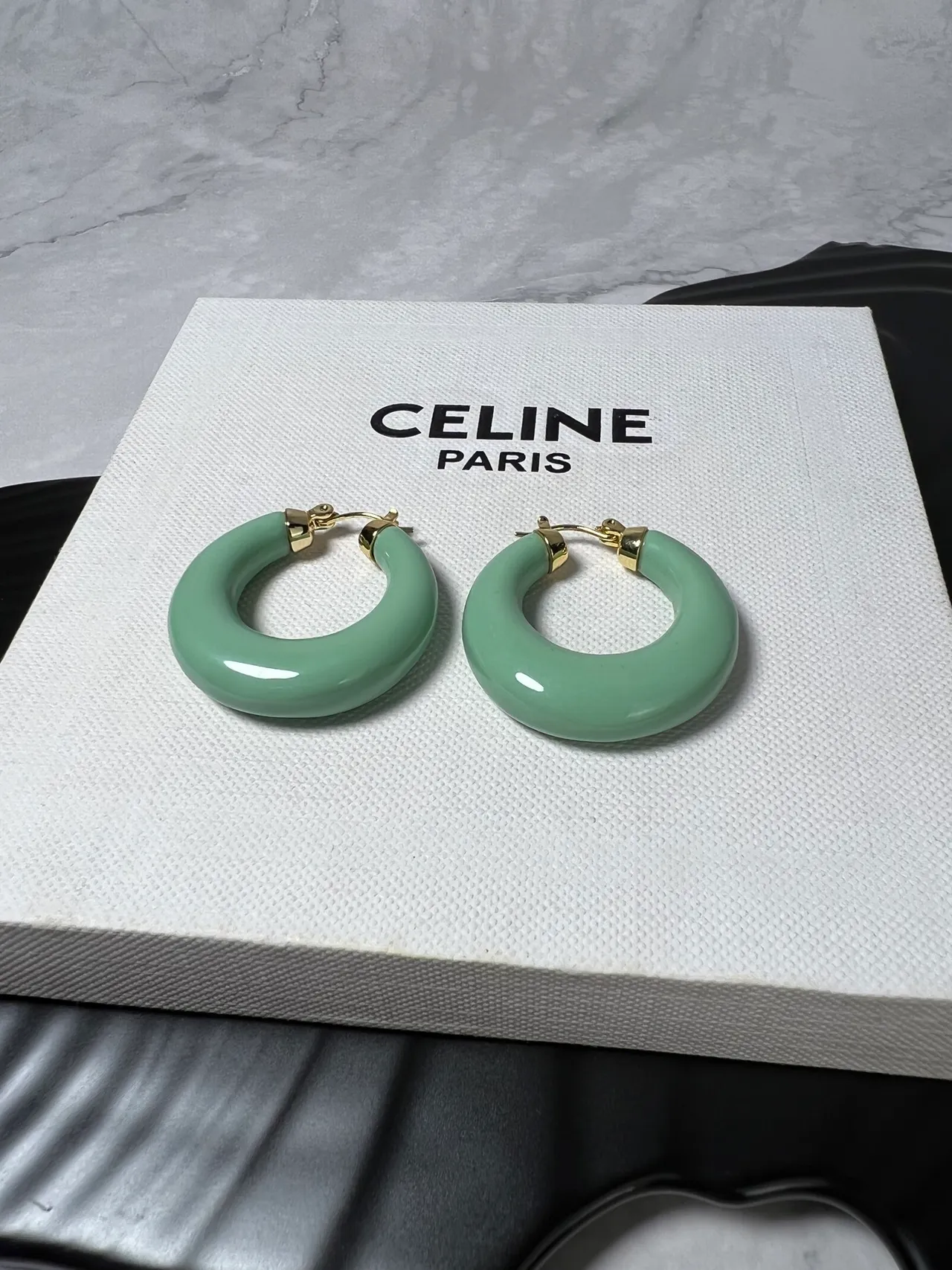 Celine Mint Green Enamel Hoop Earrings
