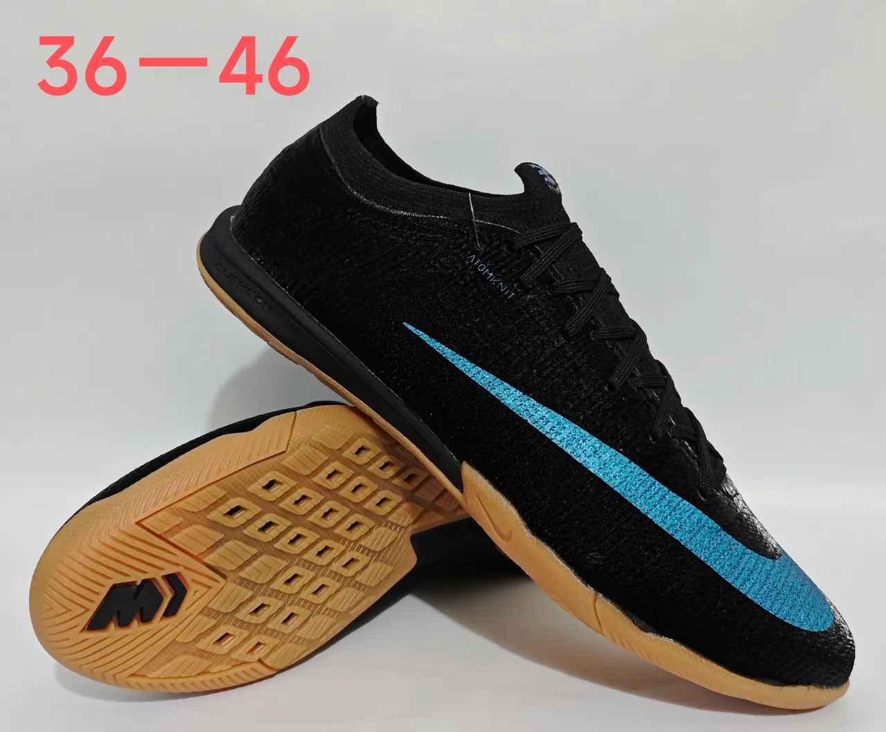 Nike Black Blue Knit Upper Gum Rubber Outsole Indoor Soccer Shoes