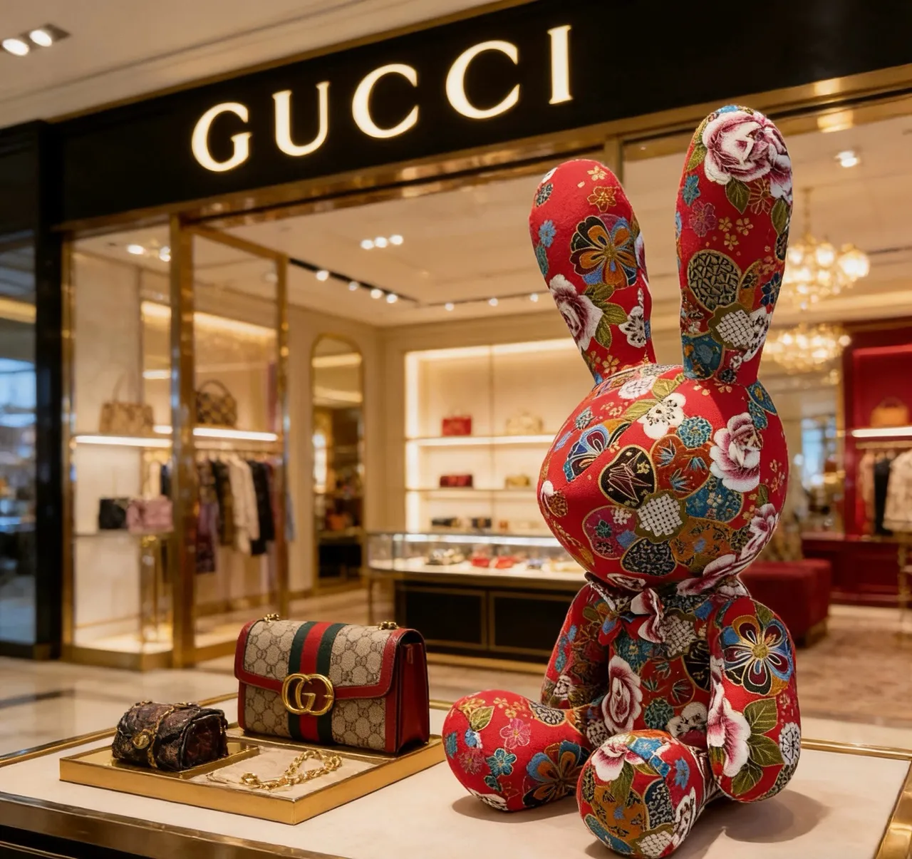 Gucci Red Multicolor Plush Stuffed Rabbit Floral Patchwork Print Handbag