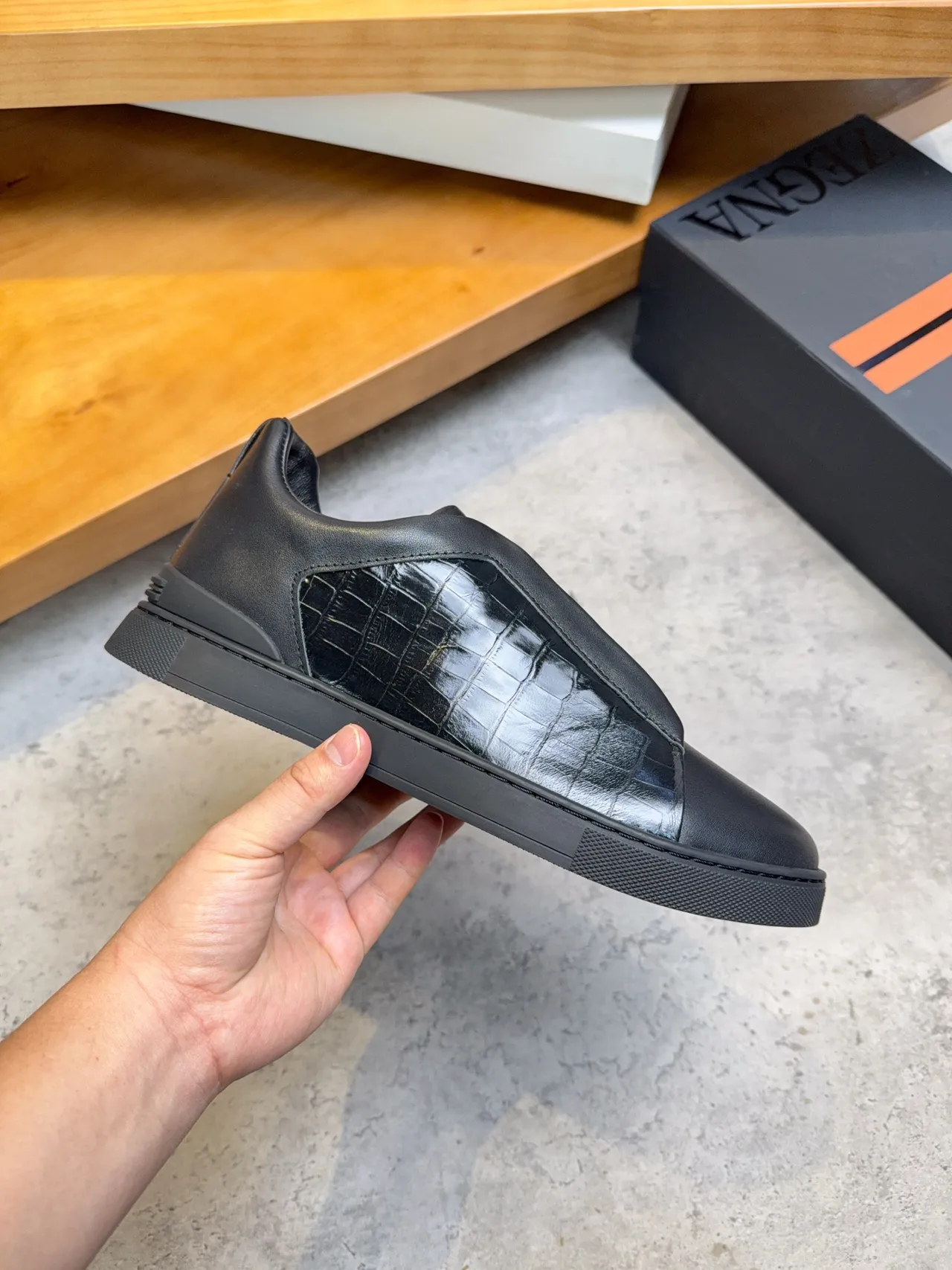 Zegna Slip-On Croc-Embossed Leather Black Lifestyle Sneakers