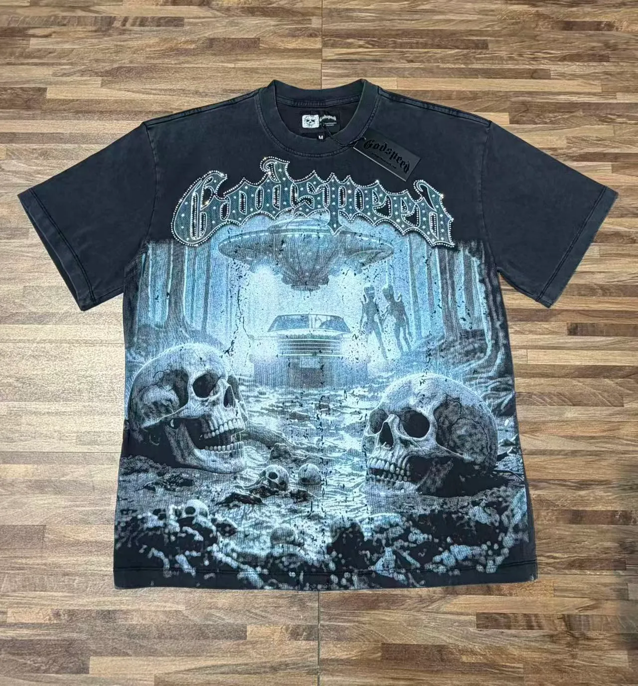 Godspeed Distressed Black Graphic Skull UFO T-Shirt