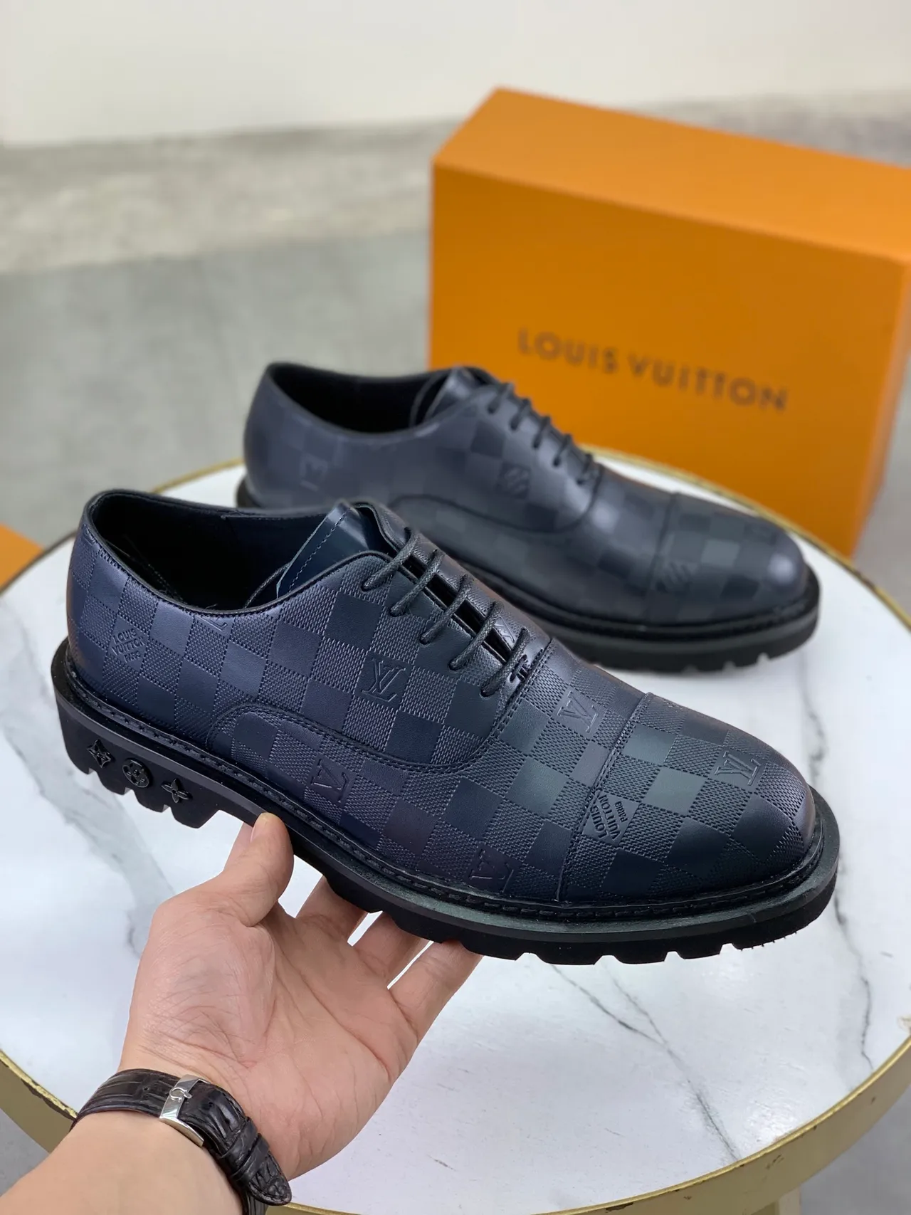Louis Vuitton Checkered Monogram Cap-Toe Leather Shoes