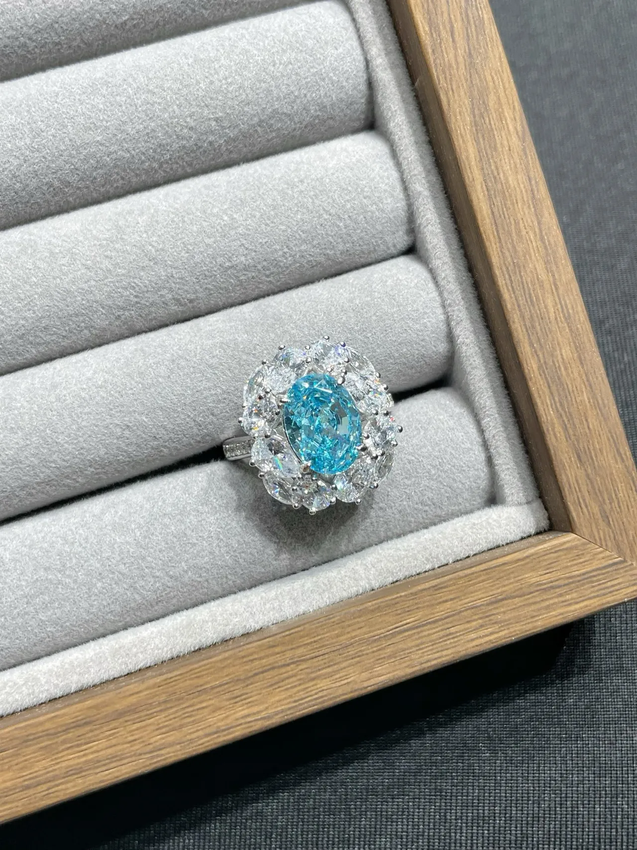 Oval Blue Gemstone Halo Cluster Ring