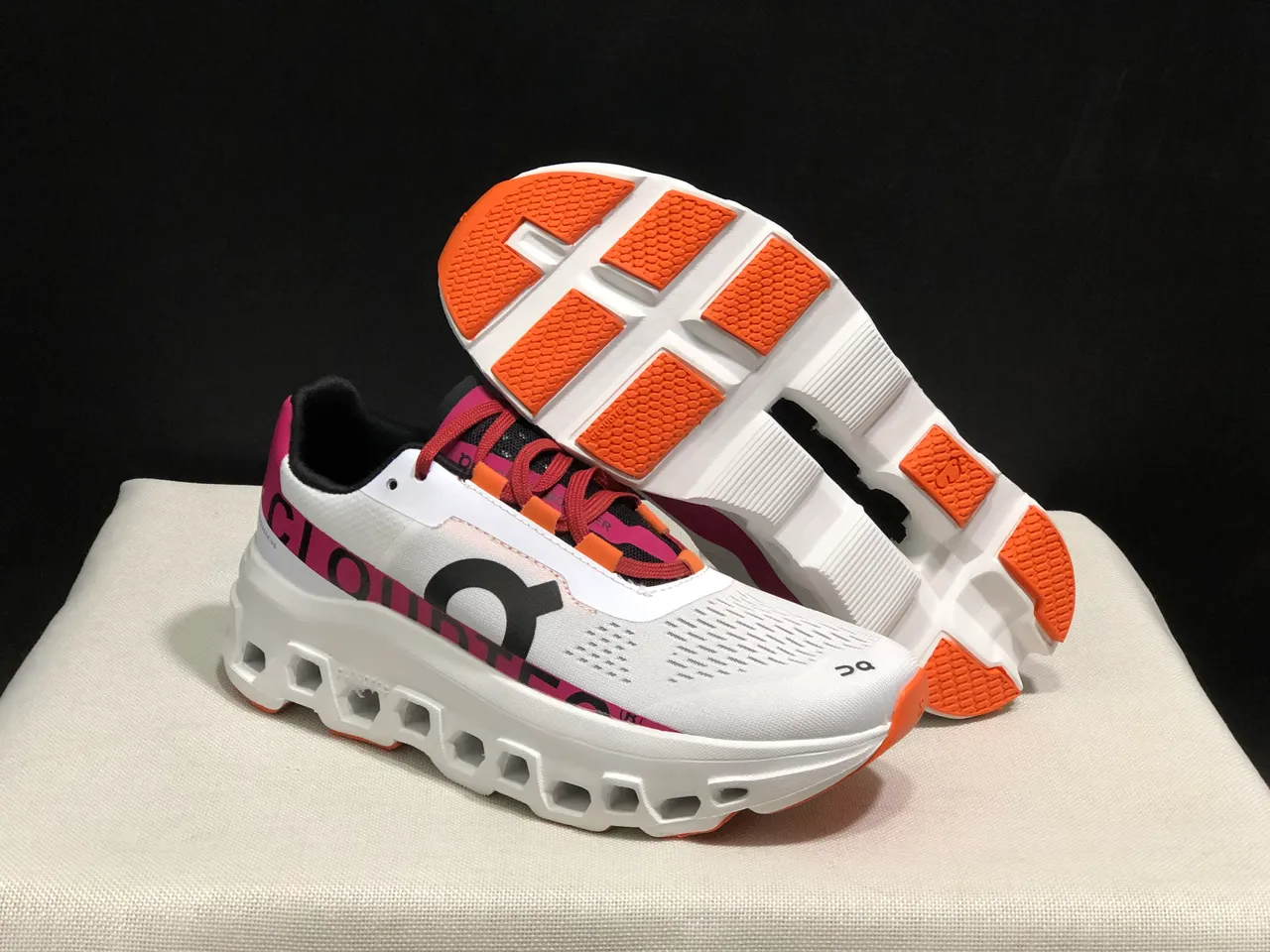 On Cloudmonster White Pink Orange Running Shoes
