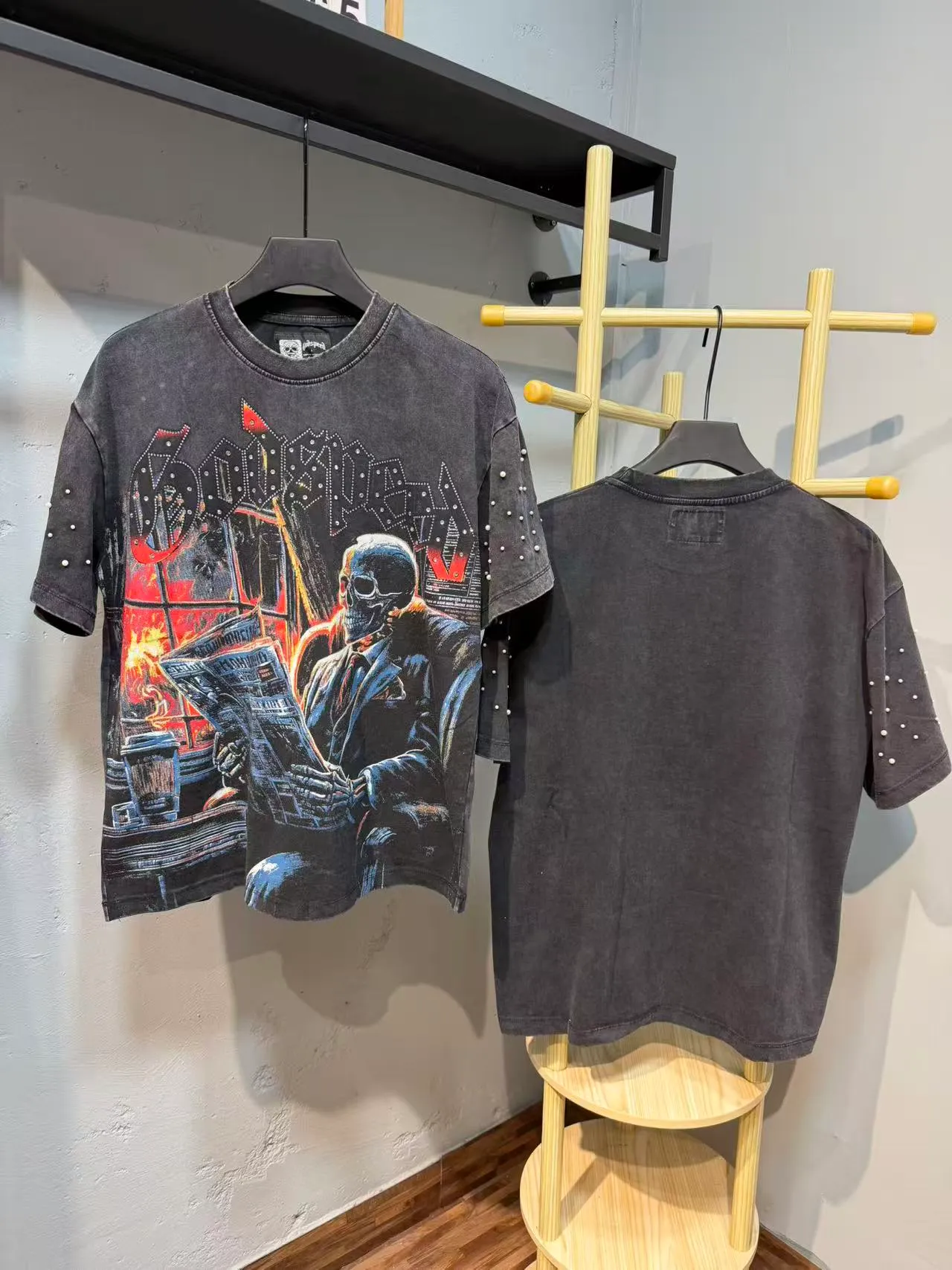 Godspeed Graphic-Print Studded Sleeves Distressed Black T-Shirt